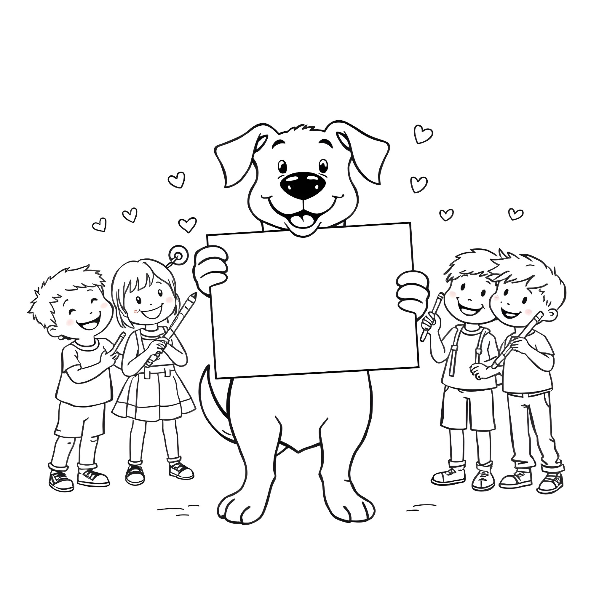 Dog and children playing with blank sign Coloring Page (free black-and-white line drawing printable PDF for all, from beginners to advanced learners, including children, teens, adults, and seniors)