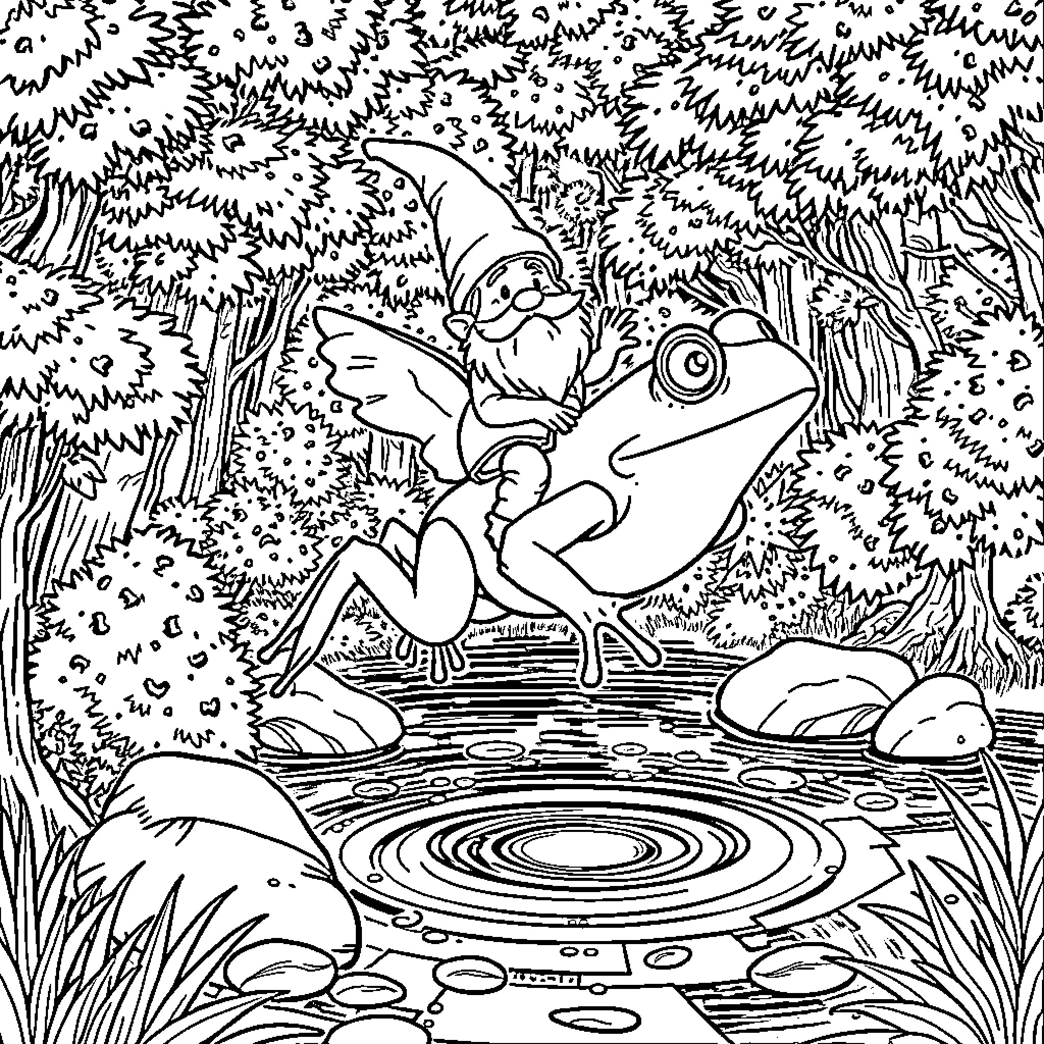 Gnome relaxing on a giant frog in a woodland pond Coloring Page (free black-and-white line drawing printable PDF for all, from beginners to advanced learners, including children, teens, adults, and seniors)