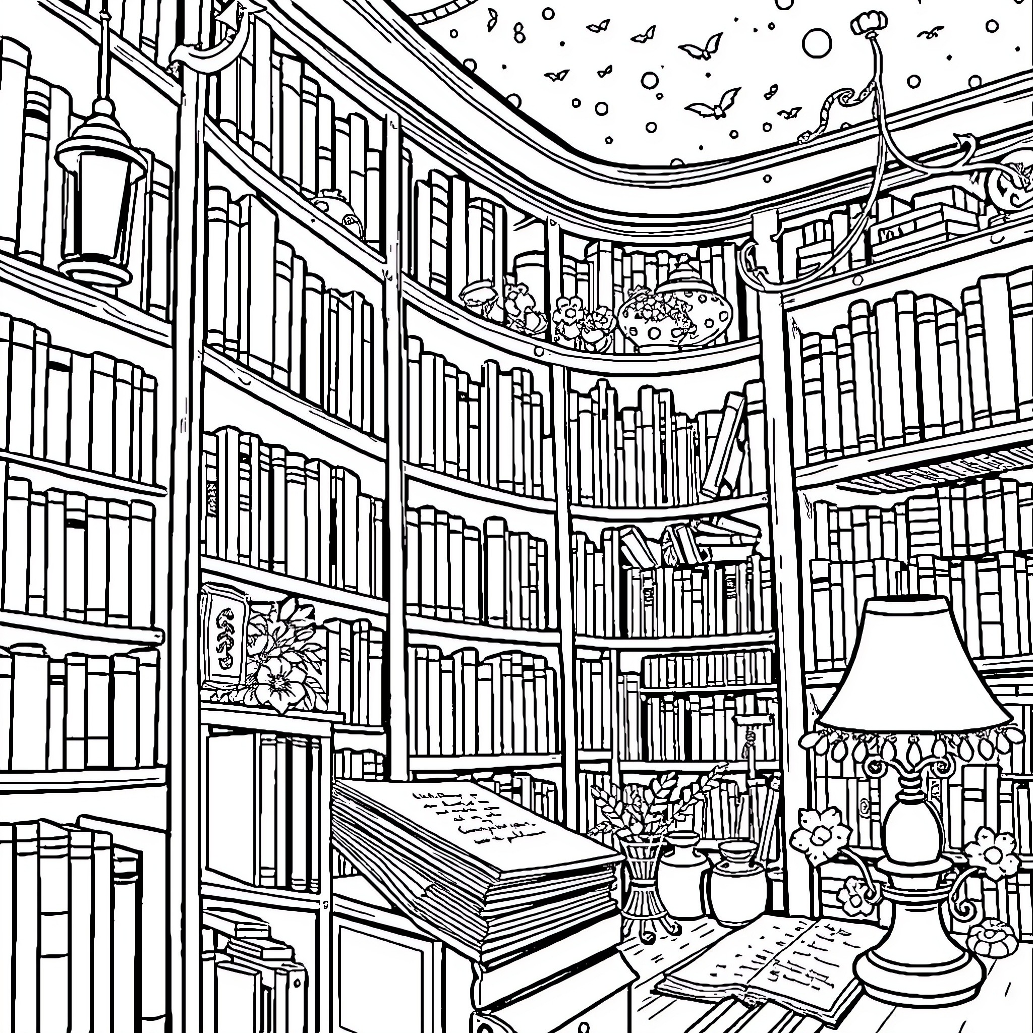 Fantasy Library of Enchanted Literature Coloring Page (free black-and-white line drawing printable PDF for all, from beginners to advanced learners, including children, teens, adults, and seniors)