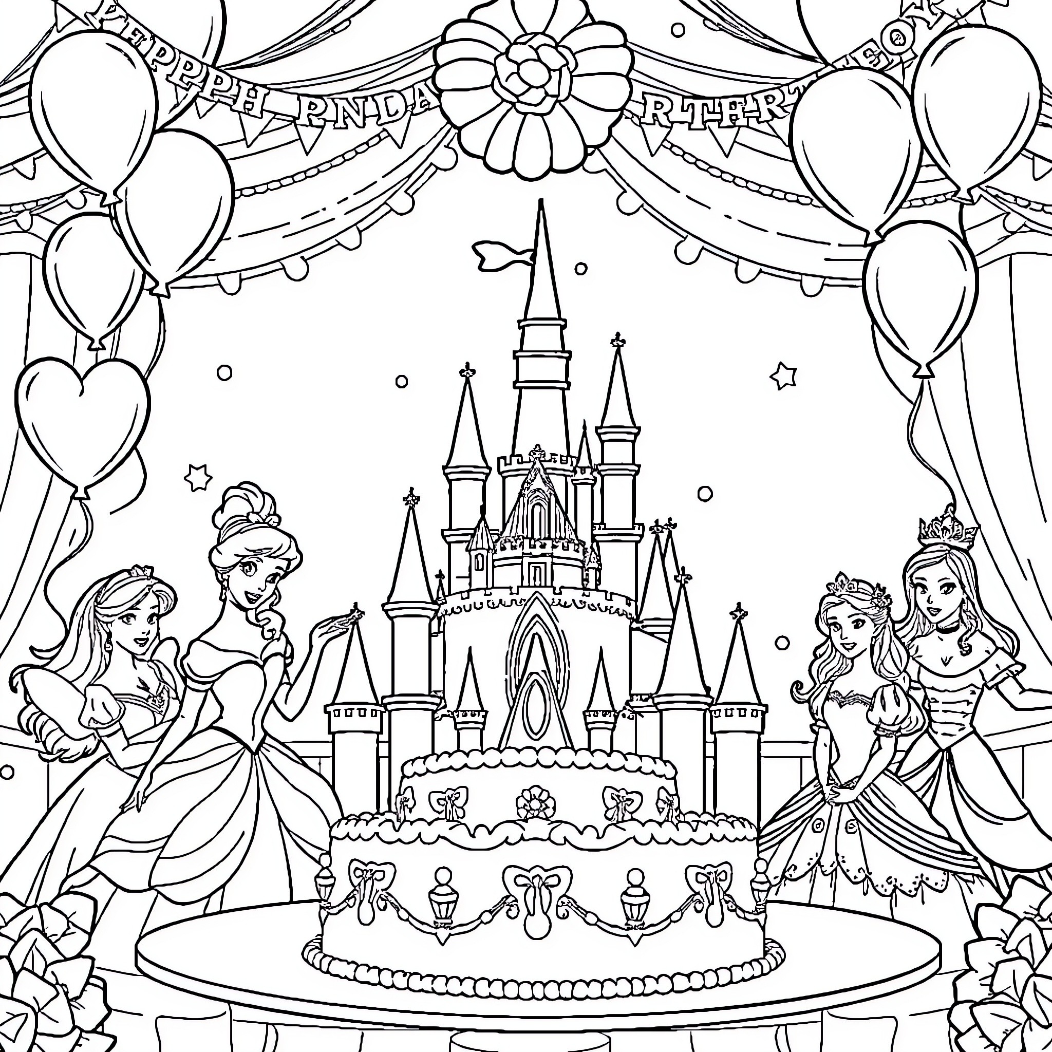 Disney Princess Party with Castle, Balloons, and Cakes Coloring Page (free black-and-white line drawing printable PDF for all, from beginners to advanced learners, including children, teens, adults, and seniors)