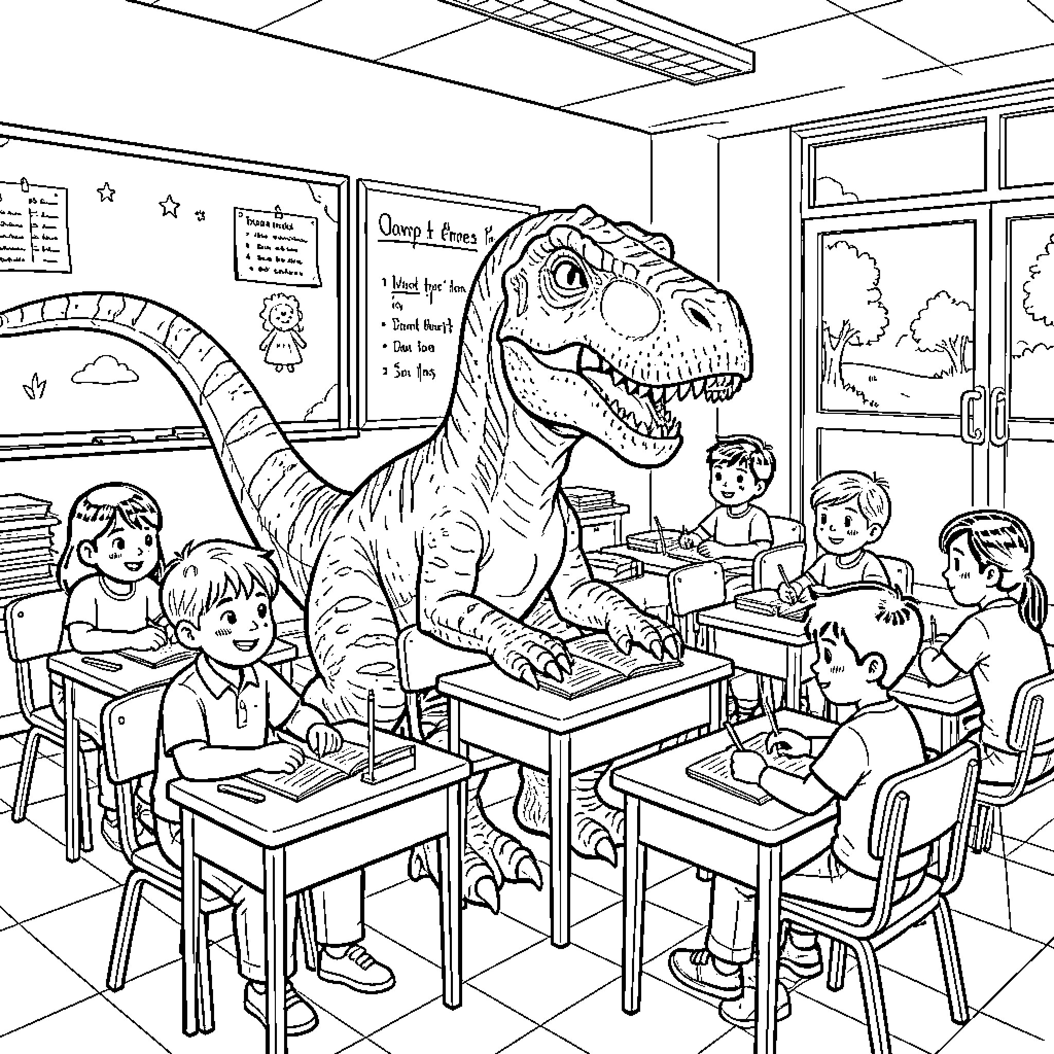 Dinosaur teaching students in a busy classroom Coloring Page (free black-and-white line drawing printable PDF for all, from beginners to advanced learners, including children, teens, adults, and seniors)