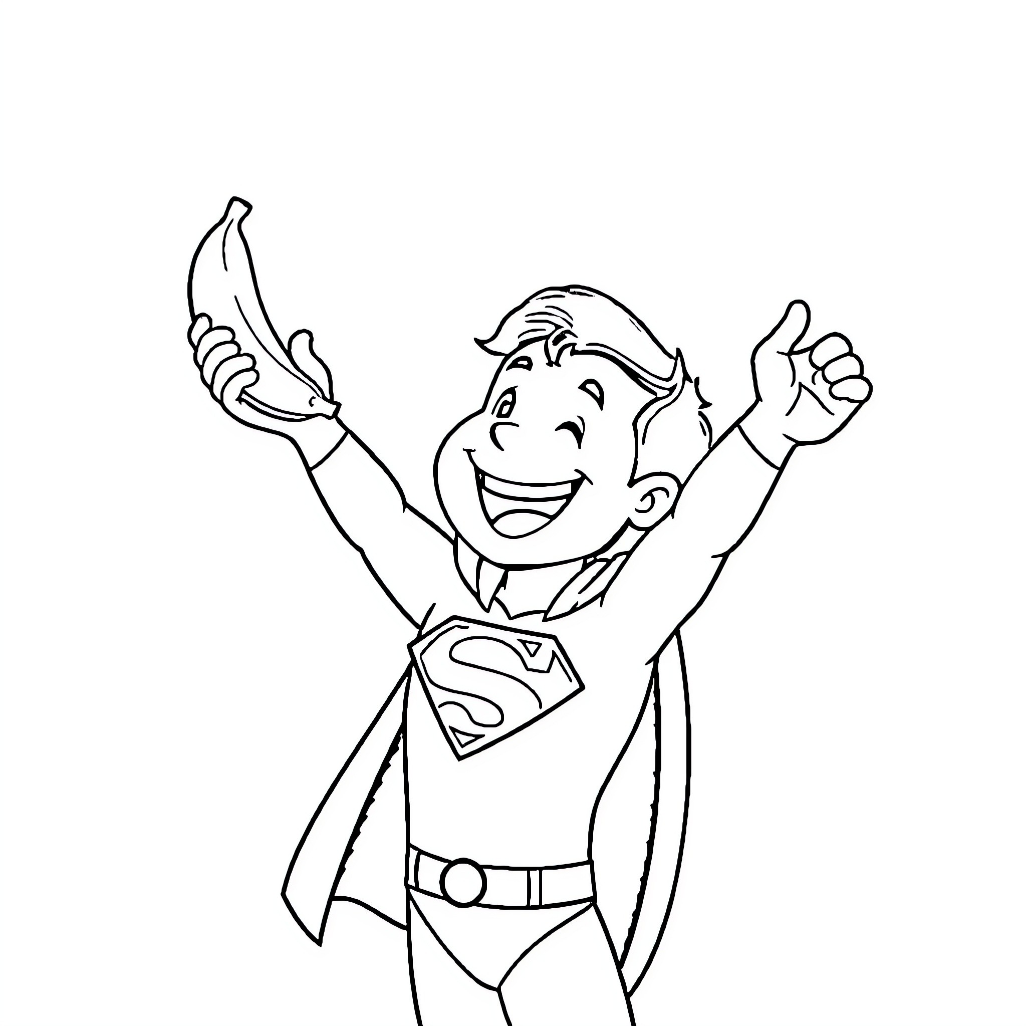 Superman Celebrates with Arms Raised Coloring Page (free black-and-white line drawing printable PDF for all, from beginners to advanced learners, including children, teens, adults, and seniors)