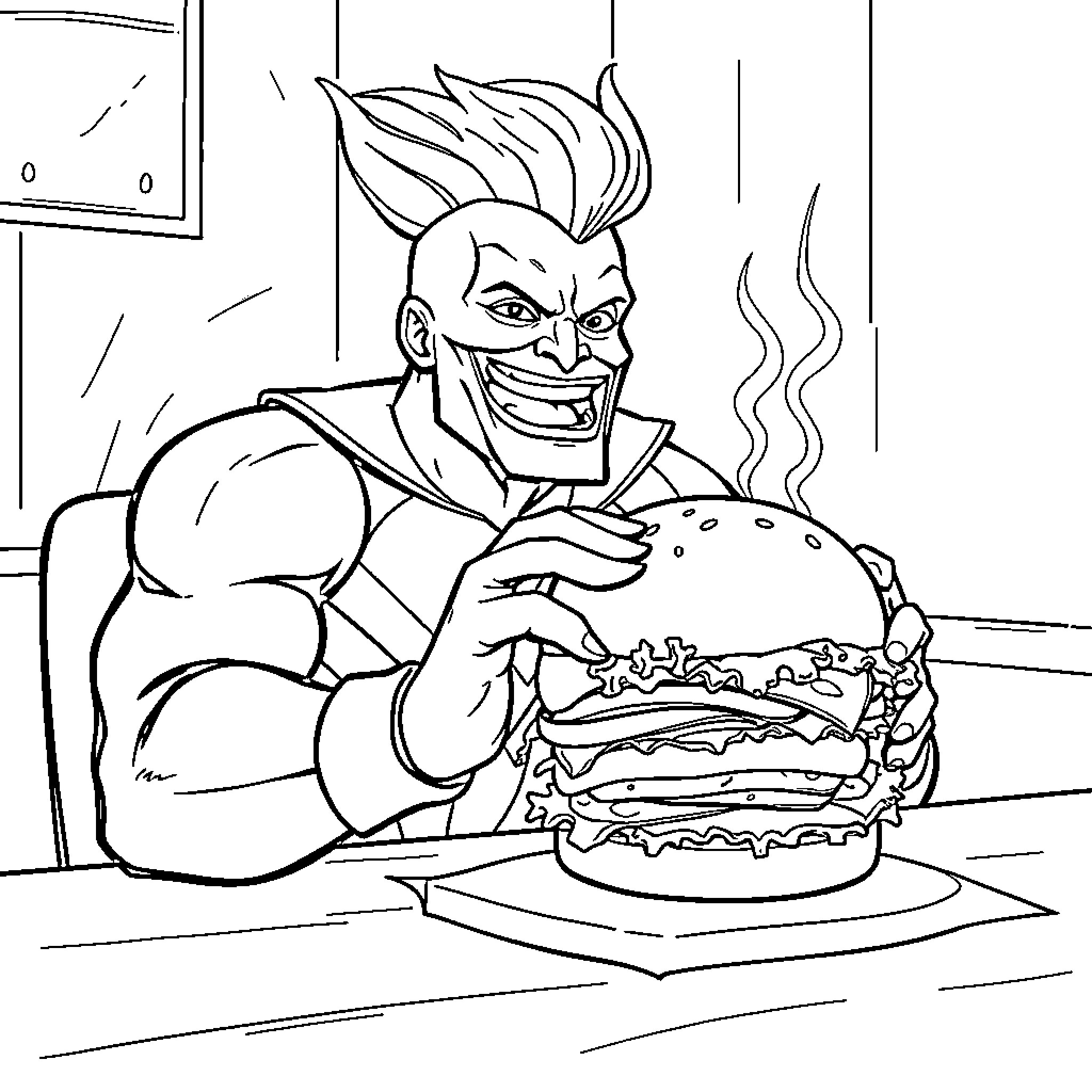 All Might Enjoys a Hearty Meal Coloring Page (free black-and-white line drawing printable PDF for all, from beginners to advanced learners, including children, teens, adults, and seniors)