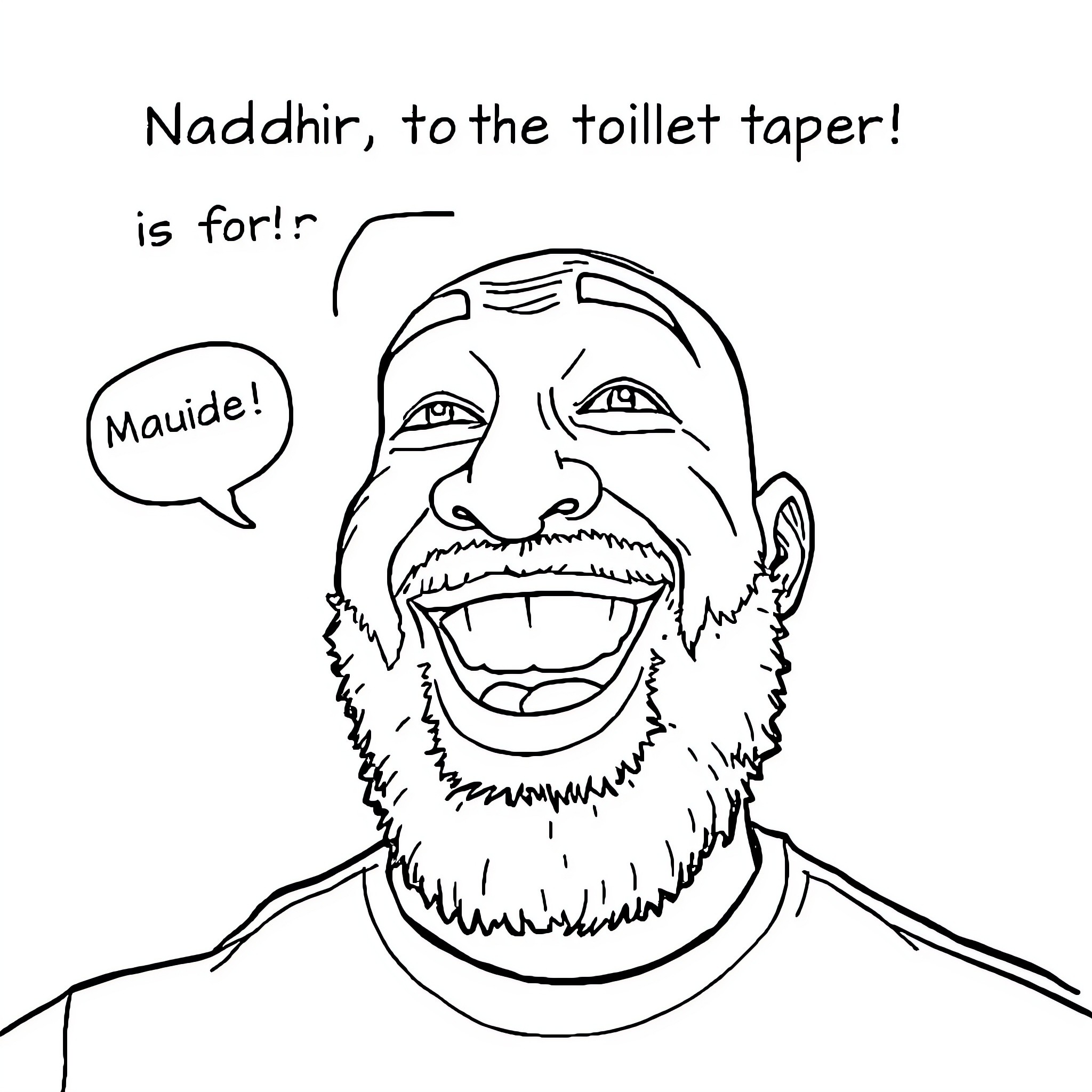 Terry Crews in humorous toilet paper request Coloring Page (free black-and-white line drawing printable PDF for all, from beginners to advanced learners, including children, teens, adults, and seniors)