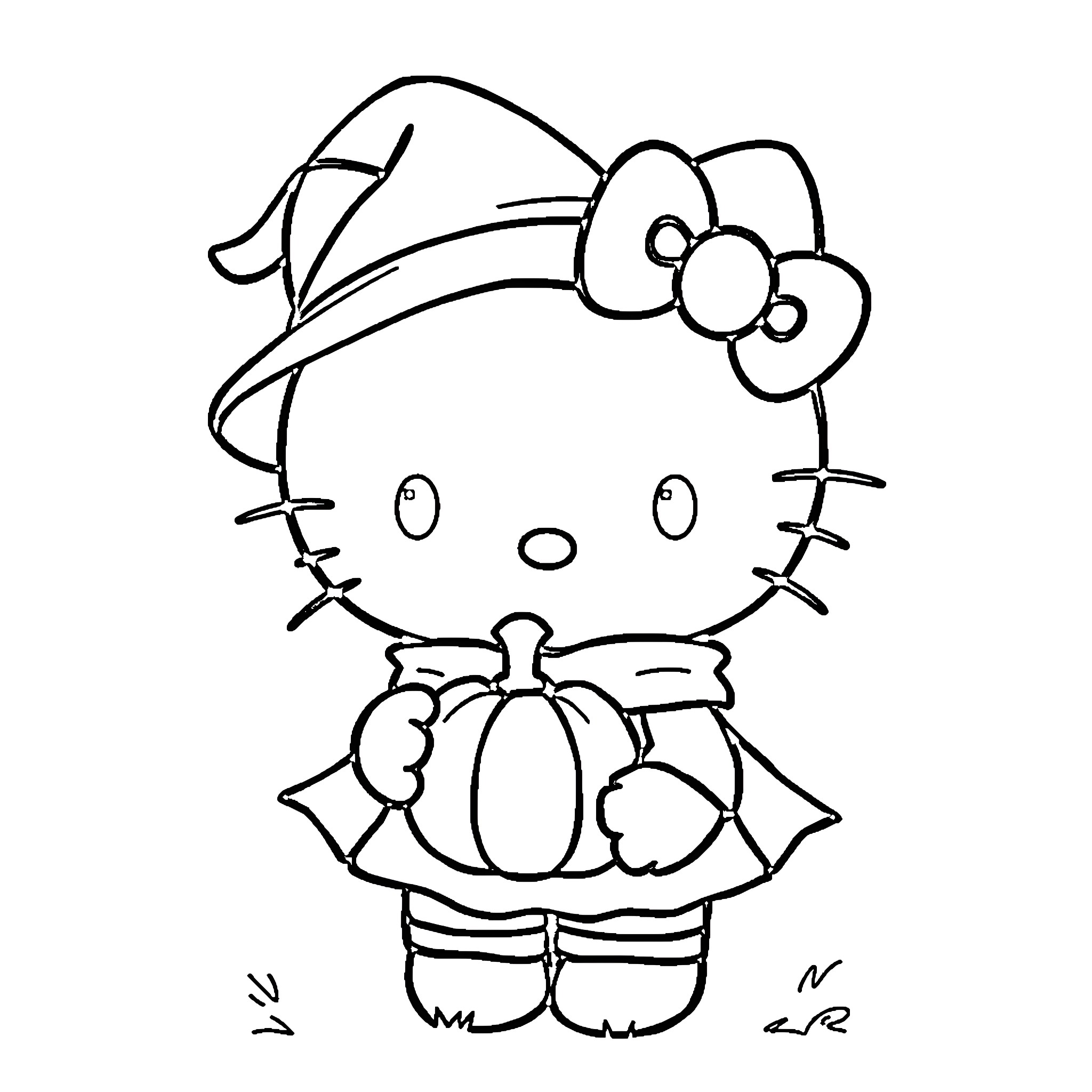 Hello Kitty holding a pumpkin Coloring Page (free black-and-white line drawing printable PDF for all, from beginners to advanced learners, including children, teens, adults, and seniors)