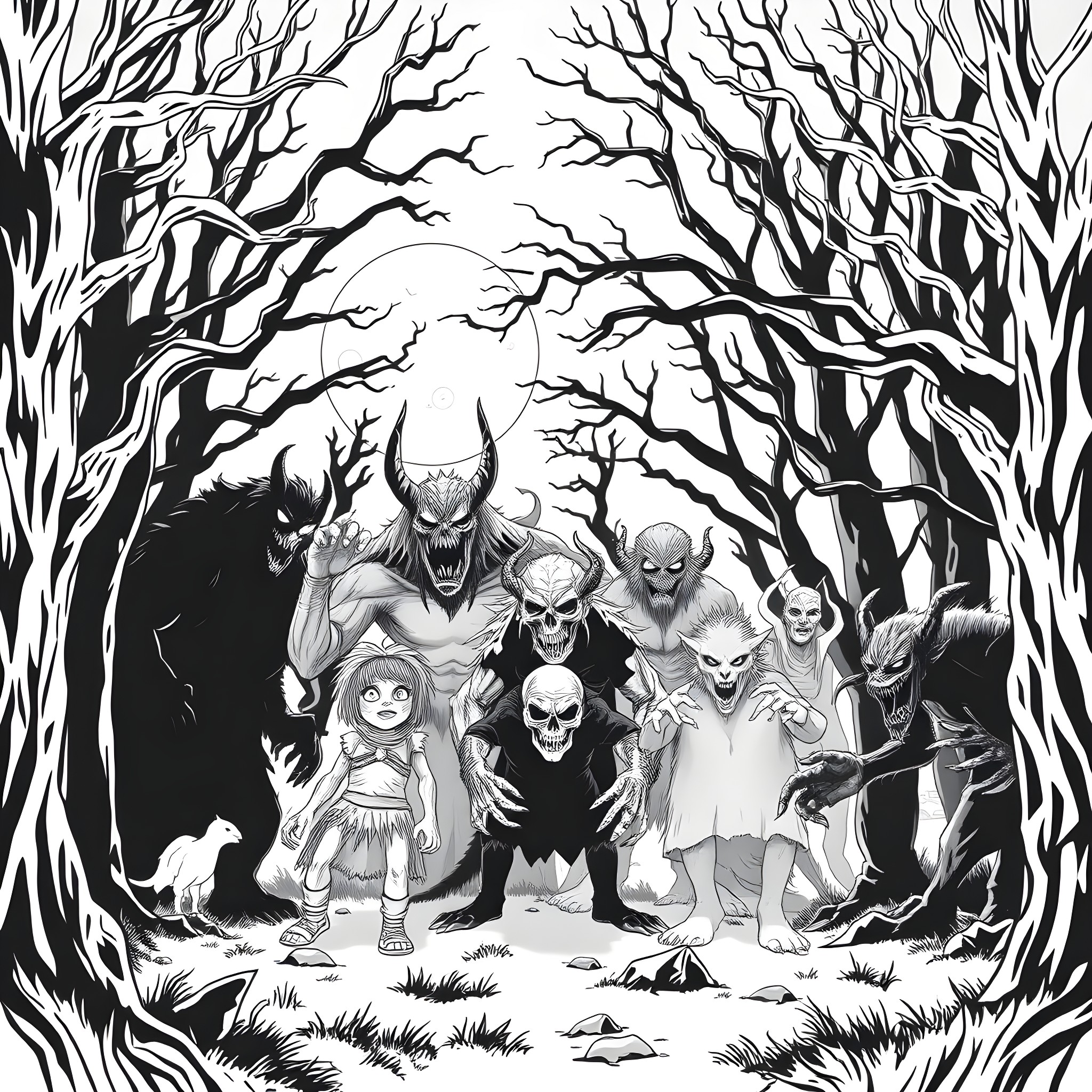 Monster Creatures in a Haunted Forest Coloring Page (free black-and-white line drawing printable PDF for all, from beginners to advanced learners, including children, teens, adults, and seniors)