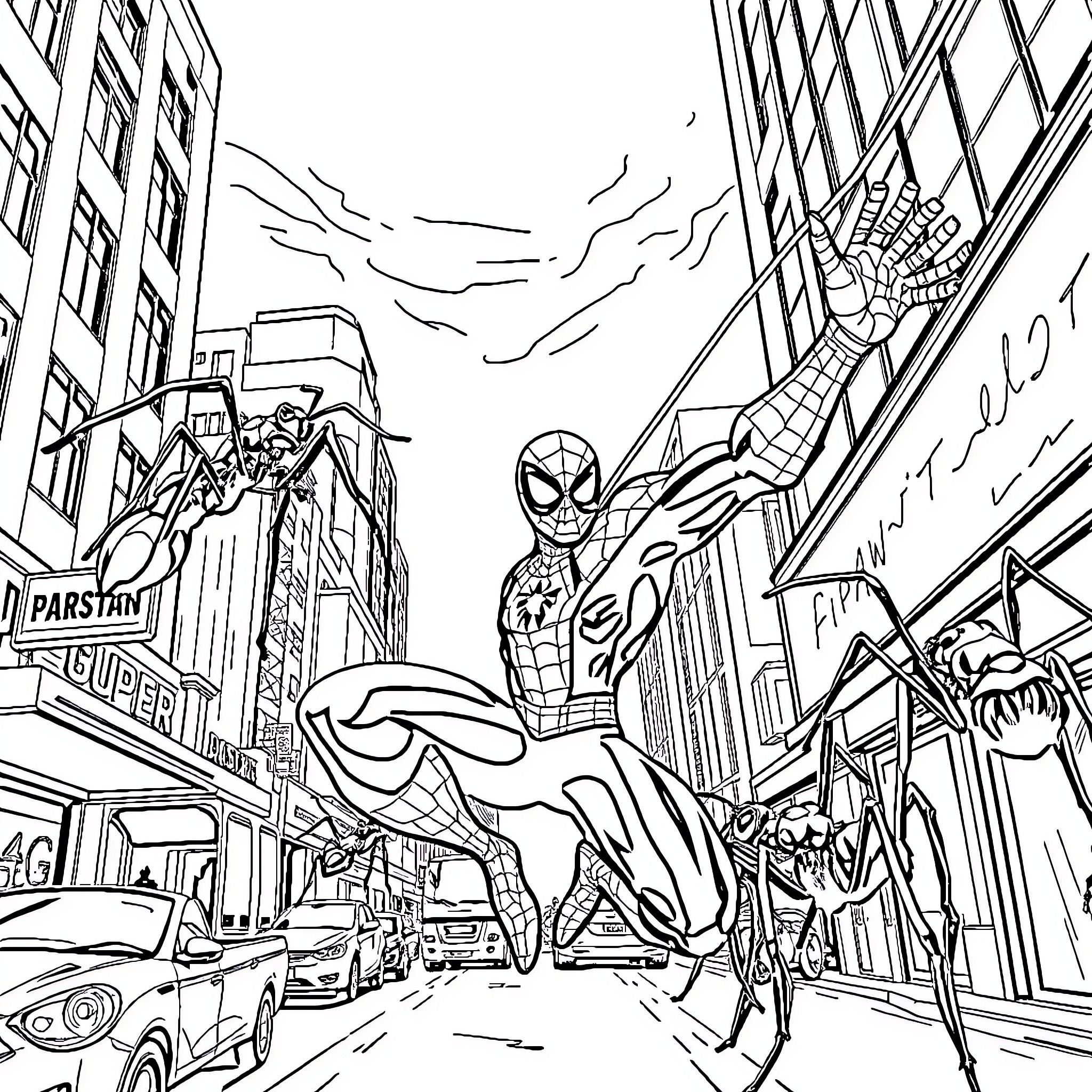 Spider-Man swinging through city streets, heroically in action Coloring Page (free black-and-white line drawing printable PDF for all, from beginners to advanced learners, including children, teens, adults, and seniors)