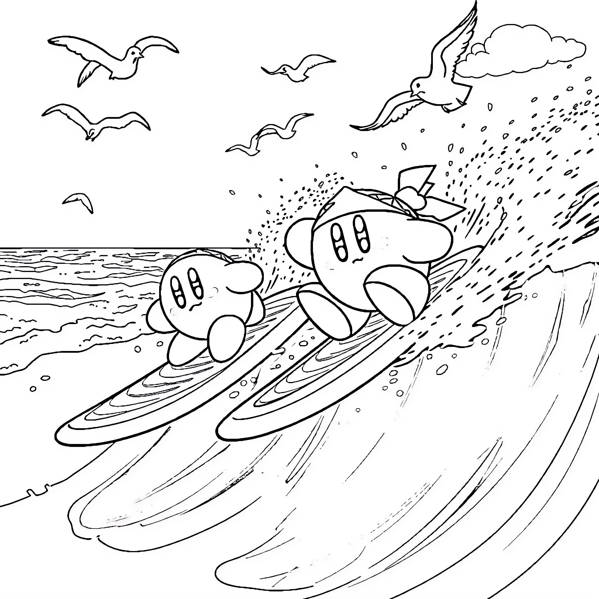 Kirby surfing the waves with birds Coloring Page (free black-and-white line drawing printable PDF for all, from beginners to advanced learners, including children, teens, adults, and seniors)