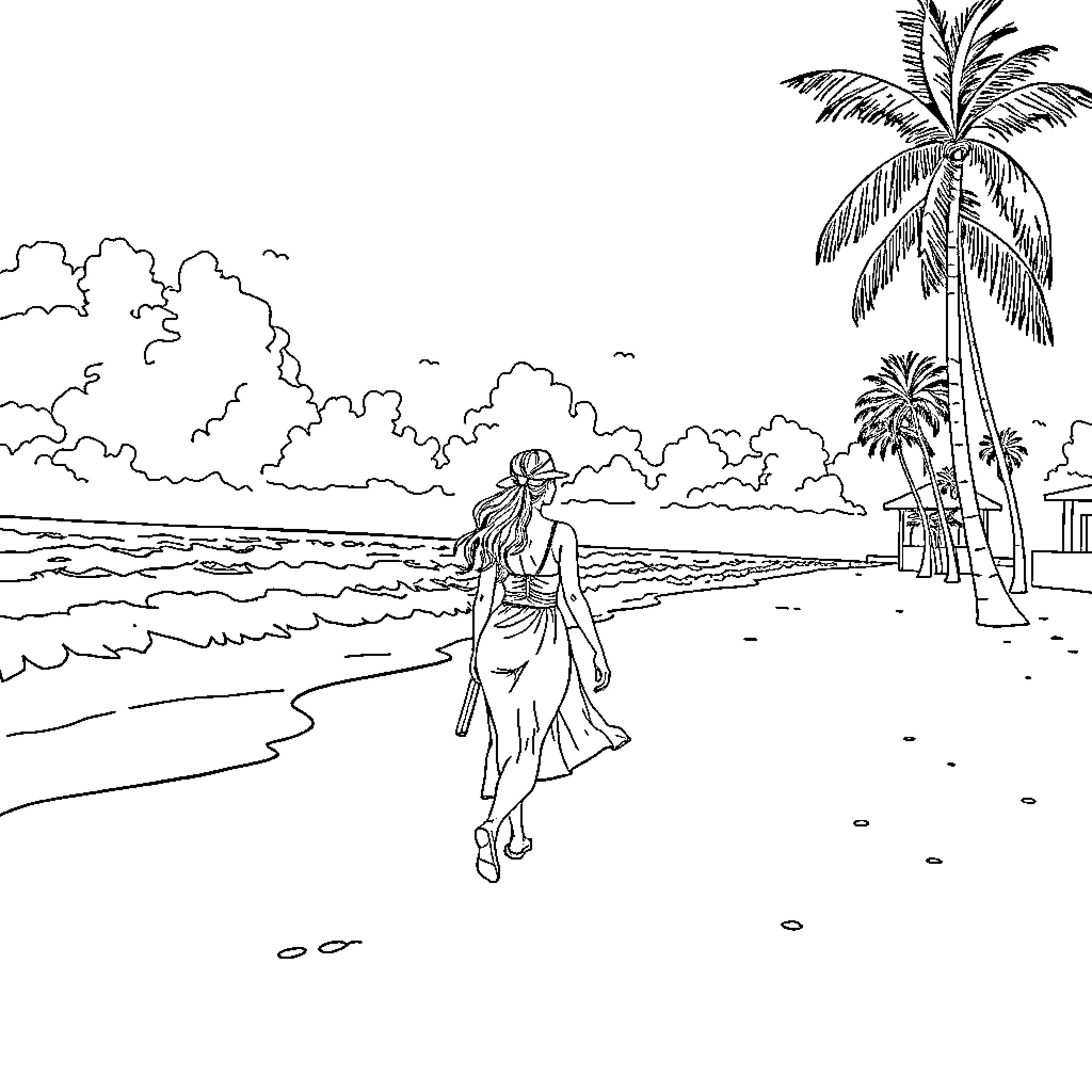Woman walking on a tropical beach Coloring Page (free black-and-white line drawing printable PDF for all, from beginners to advanced learners, including children, teens, adults, and seniors)