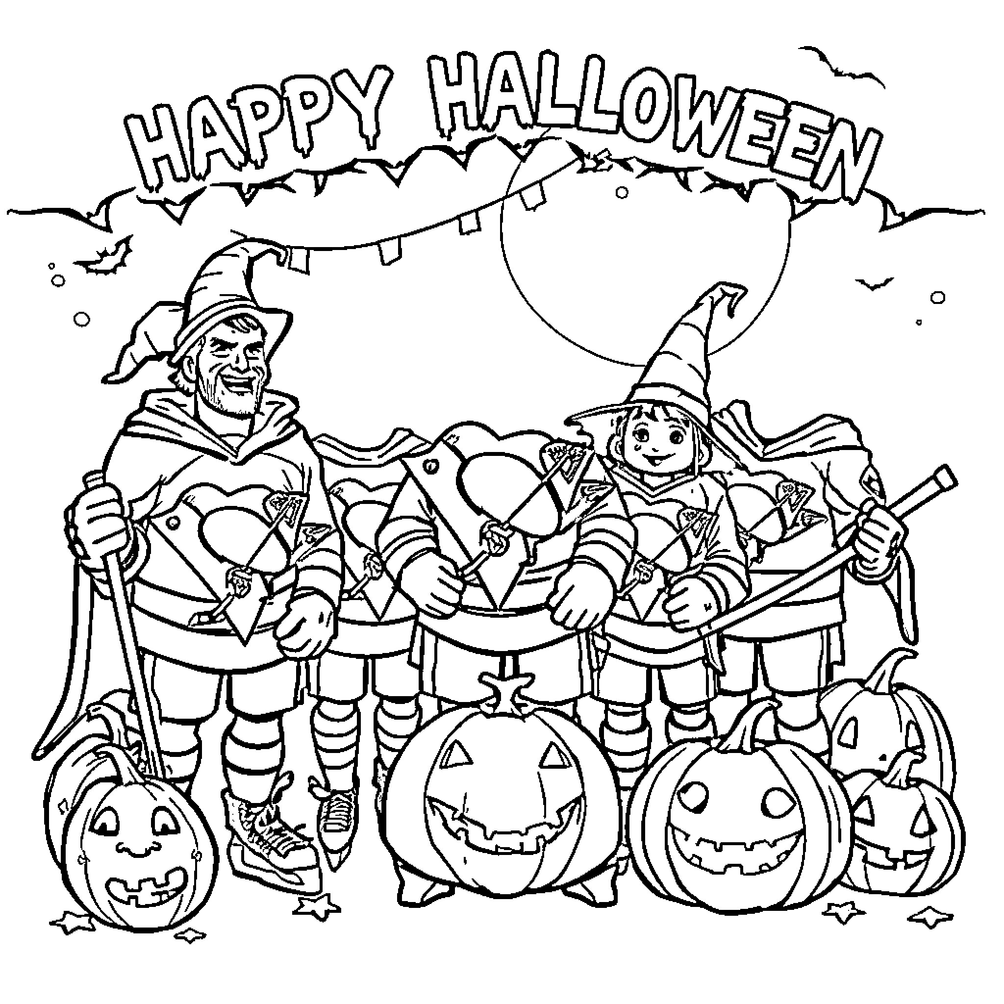 Penguin trick-or-treating on Halloween night Coloring Page (free black-and-white line drawing printable PDF for all, from beginners to advanced learners, including children, teens, adults, and seniors)