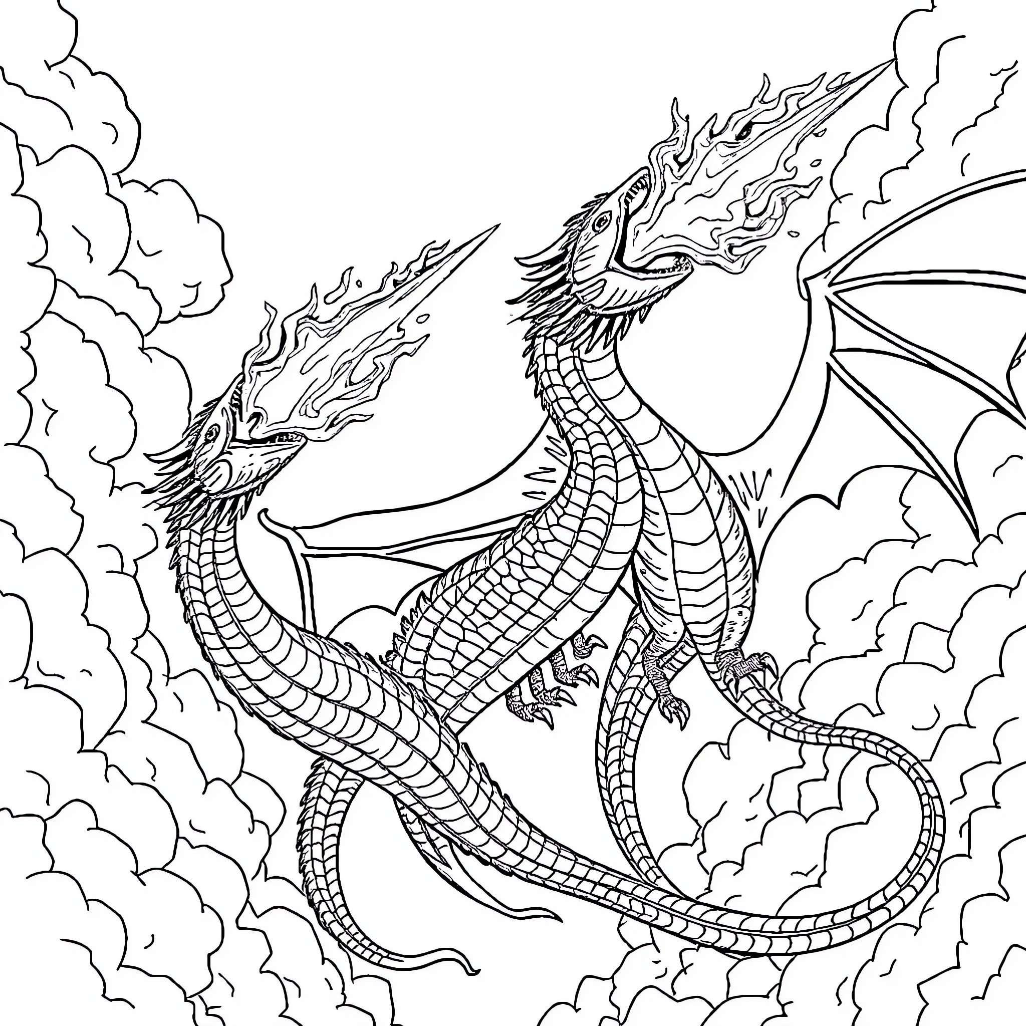 Dragon soaring amidst swirling clouds and flames Coloring Page (free black-and-white line drawing printable PDF for all, from beginners to advanced learners, including children, teens, adults, and seniors)