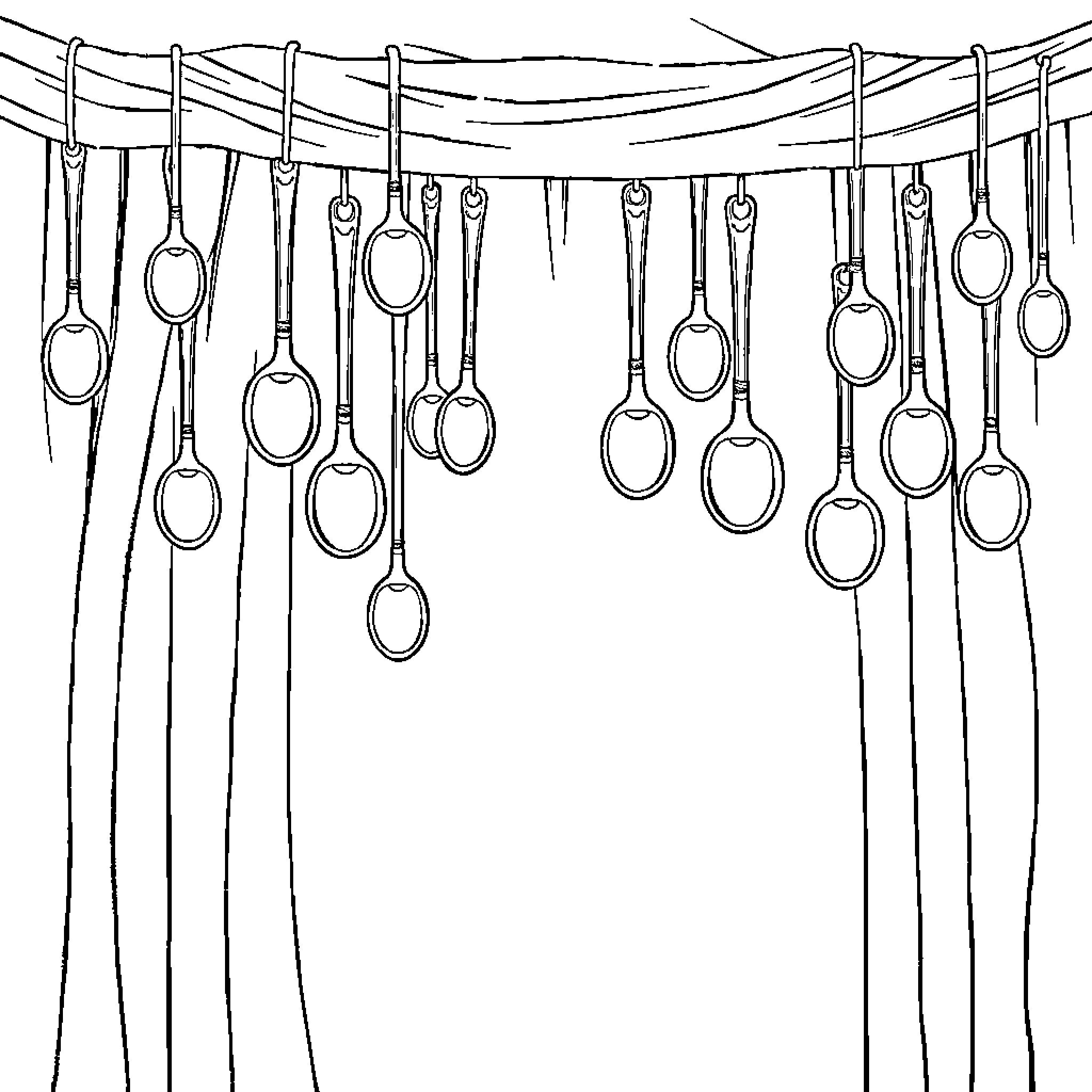 Spoon Hangers in a Kitchen Coloring Page (free black-and-white line drawing printable PDF for all, from beginners to advanced learners, including children, teens, adults, and seniors)