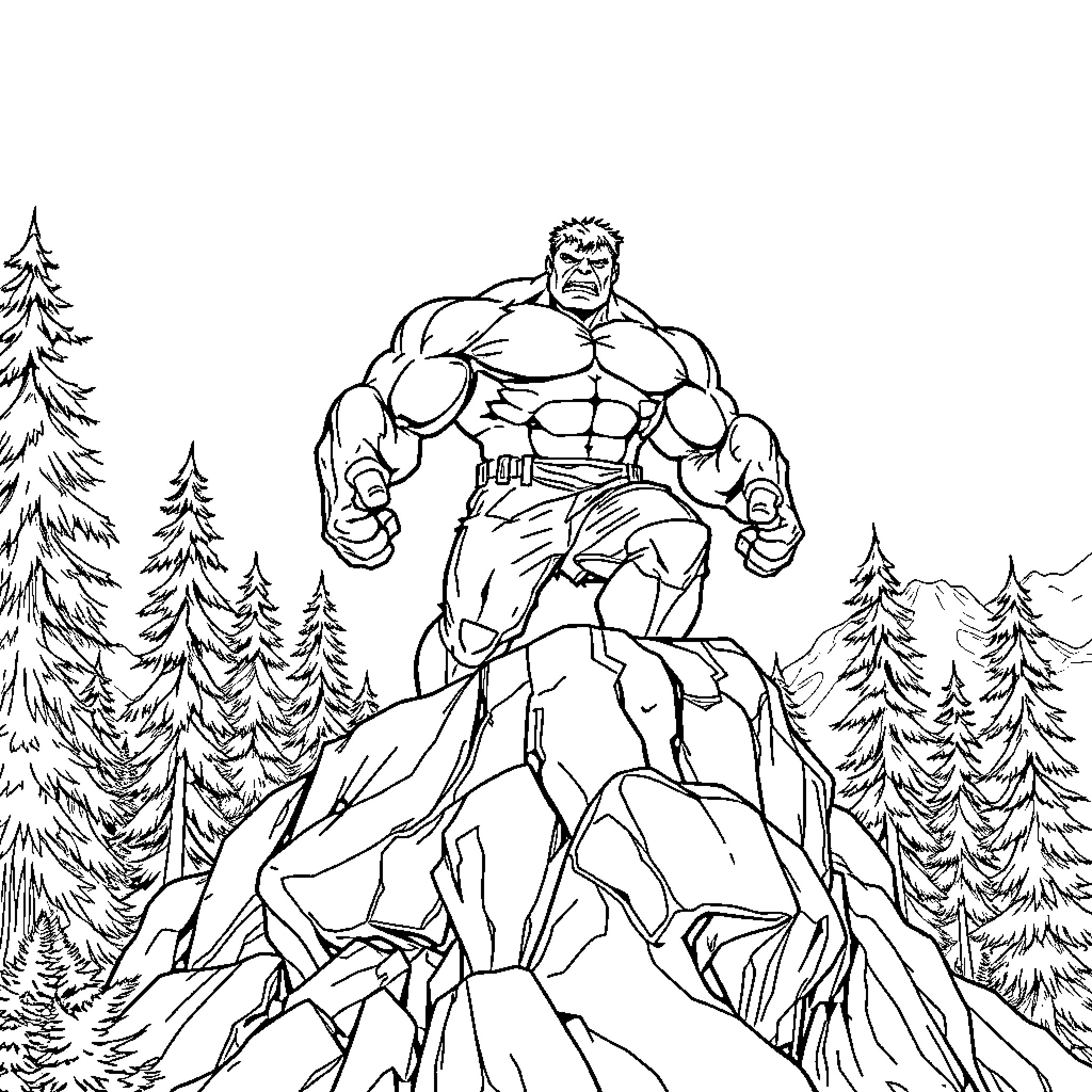 Hulk standing tall on a rocky mountain Coloring Page (free black-and-white line drawing printable PDF for all, from beginners to advanced learners, including children, teens, adults, and seniors)
