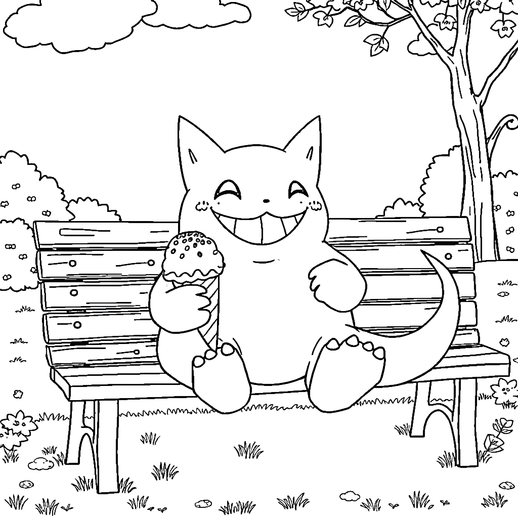 Gengar relaxing on a bench in the park Coloring Page (free black-and-white line drawing printable PDF for all, from beginners to advanced learners, including children, teens, adults, and seniors)