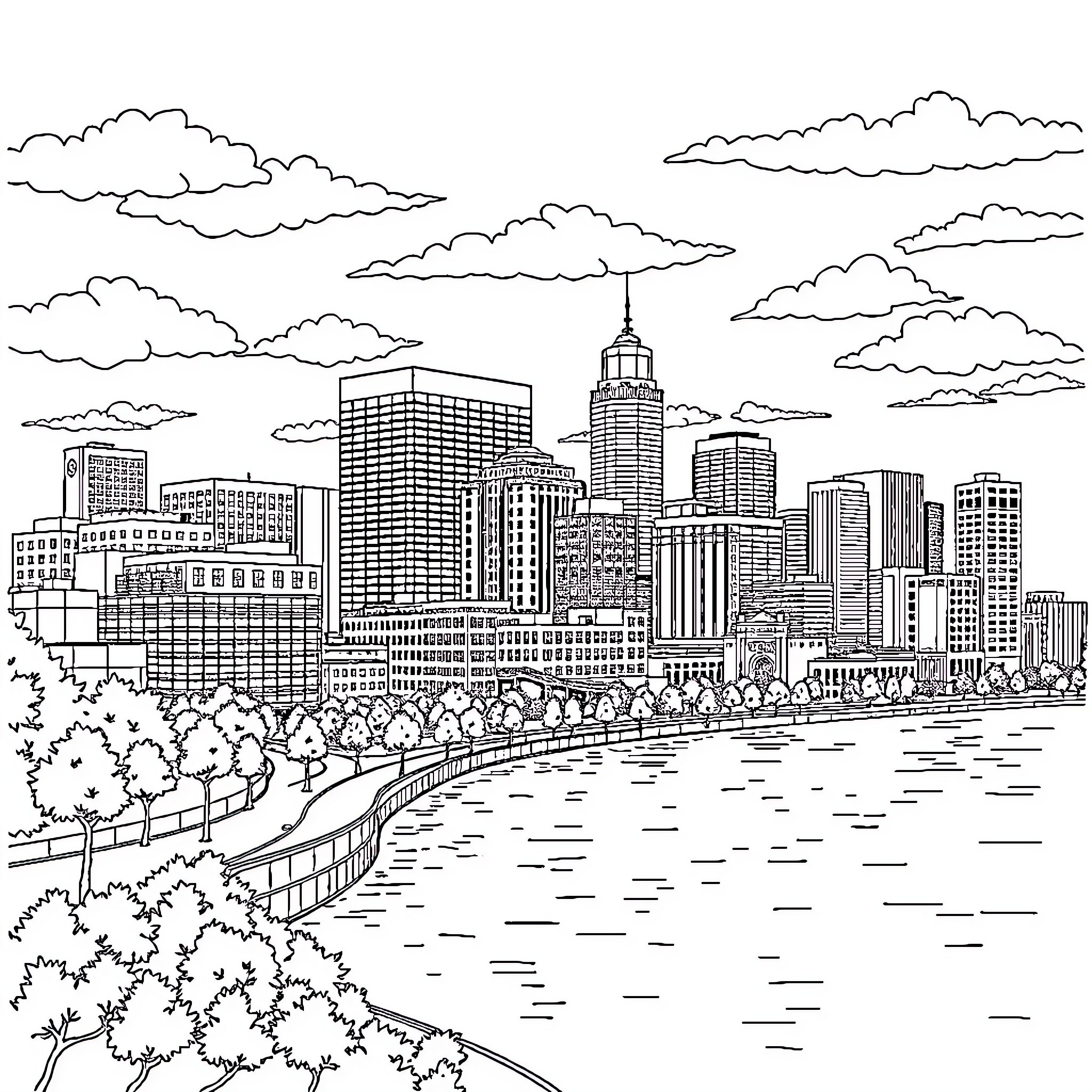 Milwaukee Cityscape with Skyscrapers and Lakefront View Coloring Page (free black-and-white line drawing printable PDF for all, from beginners to advanced learners, including children, teens, adults, and seniors)