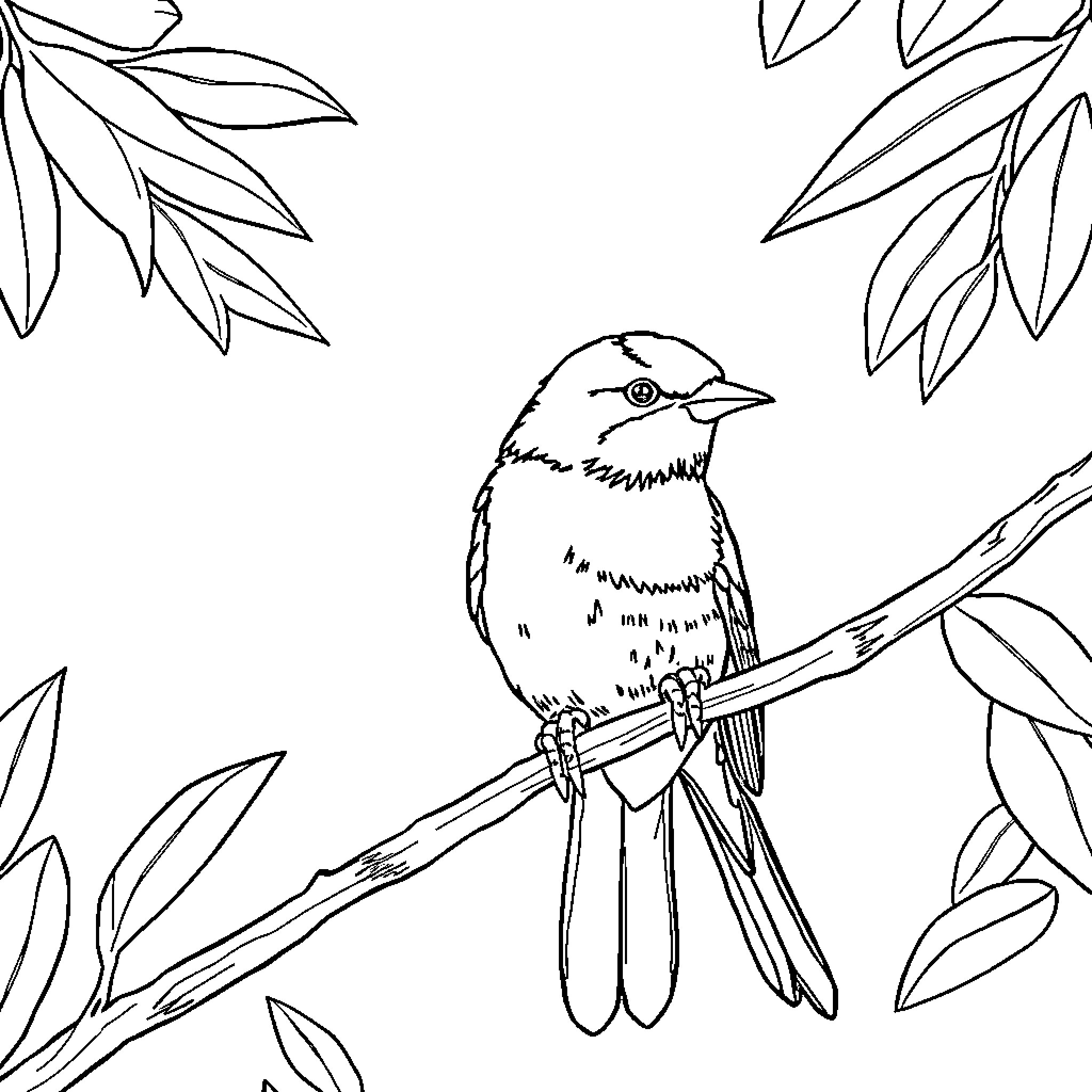 Parrot perched on a branch in nature Coloring Page (free black-and-white line drawing printable PDF for all, from beginners to advanced learners, including children, teens, adults, and seniors)