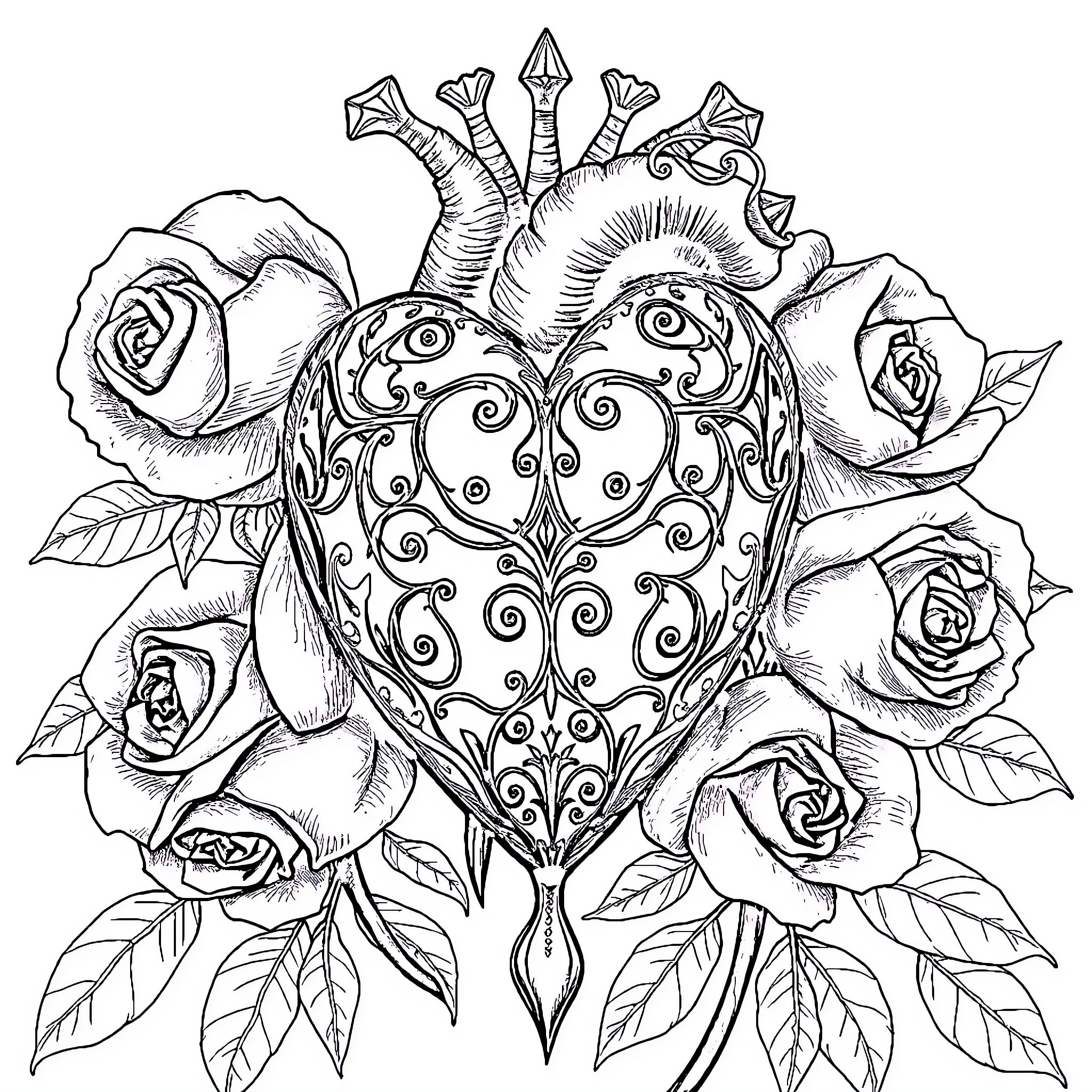 Heart surrounded by ornate designs and rose flowers Coloring Page (free black-and-white line drawing printable PDF for all, from beginners to advanced learners, including children, teens, adults, and seniors)