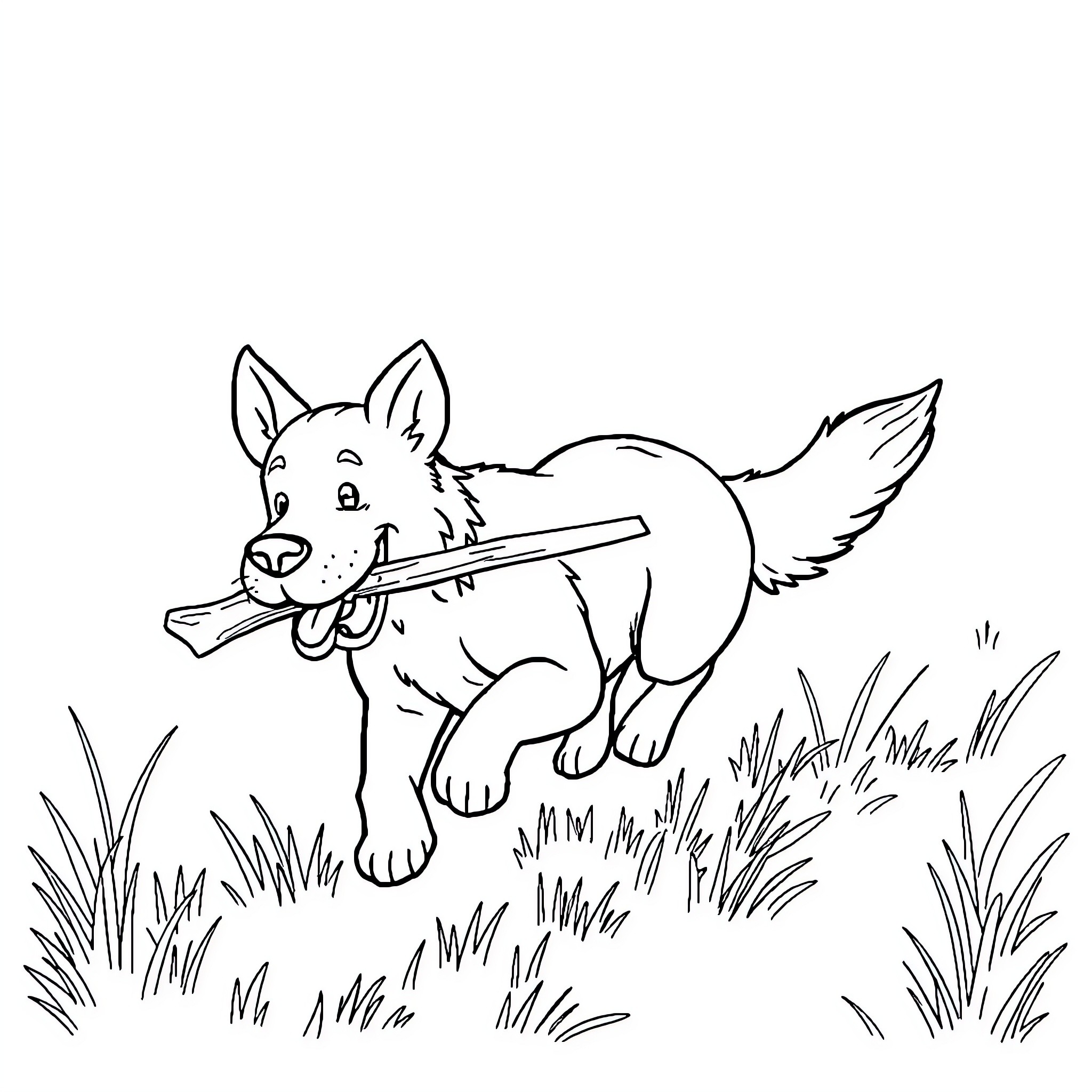 Dog running with stick in the grass Coloring Page (free black-and-white line drawing printable PDF for all, from beginners to advanced learners, including children, teens, adults, and seniors)