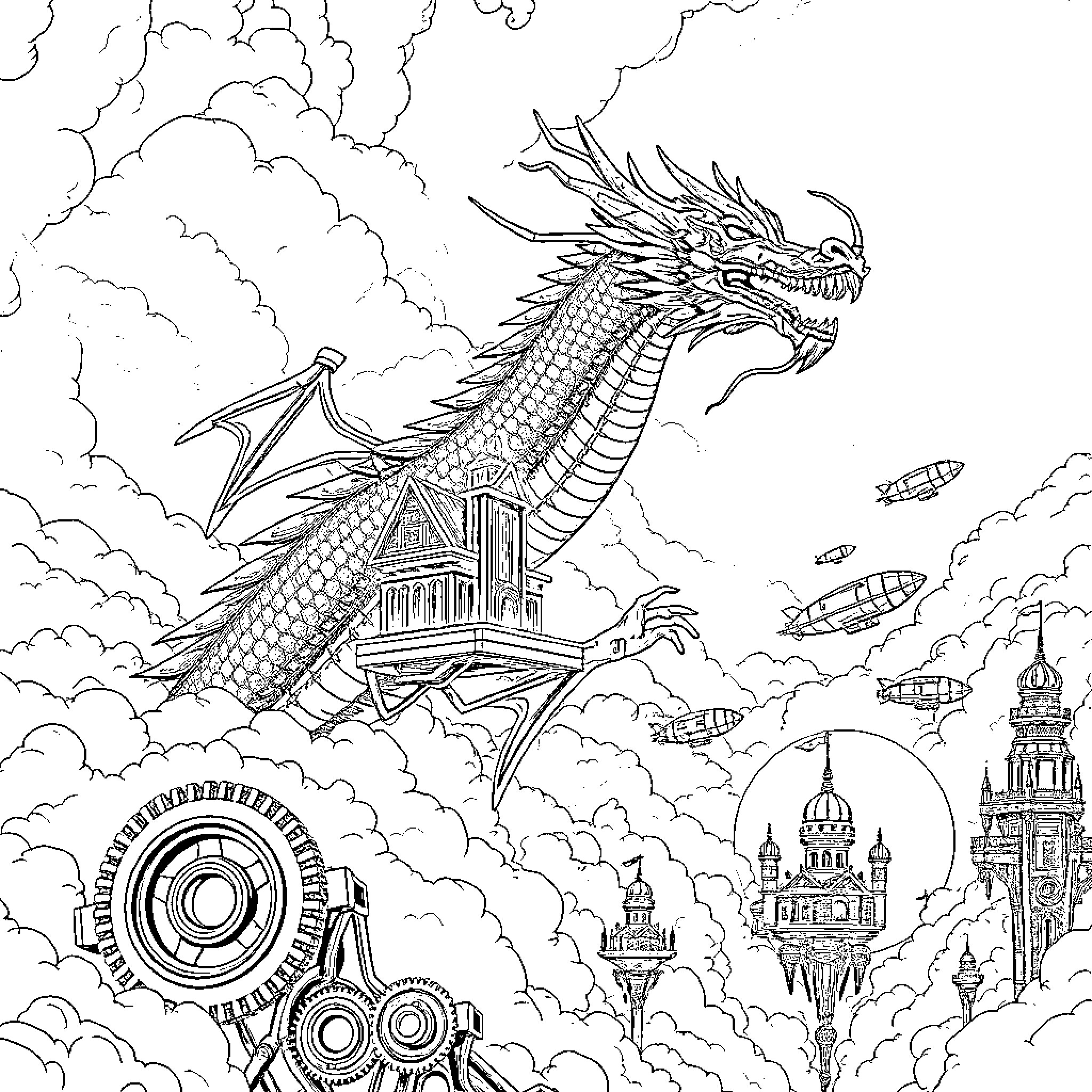 Dragon soaring over fantastical city in the clouds Coloring Page (free black-and-white line drawing printable PDF for all, from beginners to advanced learners, including children, teens, adults, and seniors)