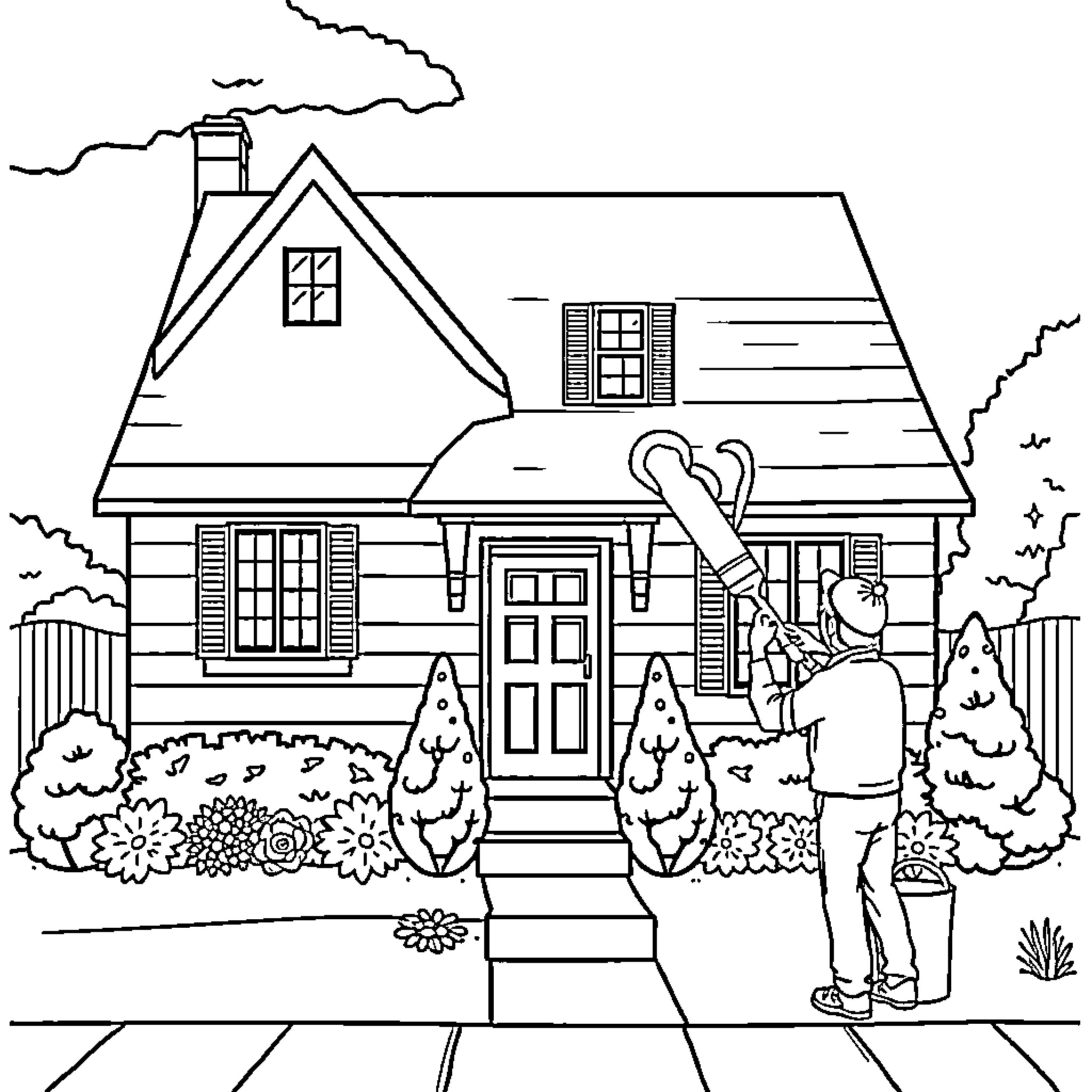 House with person painting outdoors Coloring Page (free black-and-white line drawing printable PDF for all, from beginners to advanced learners, including children, teens, adults, and seniors)