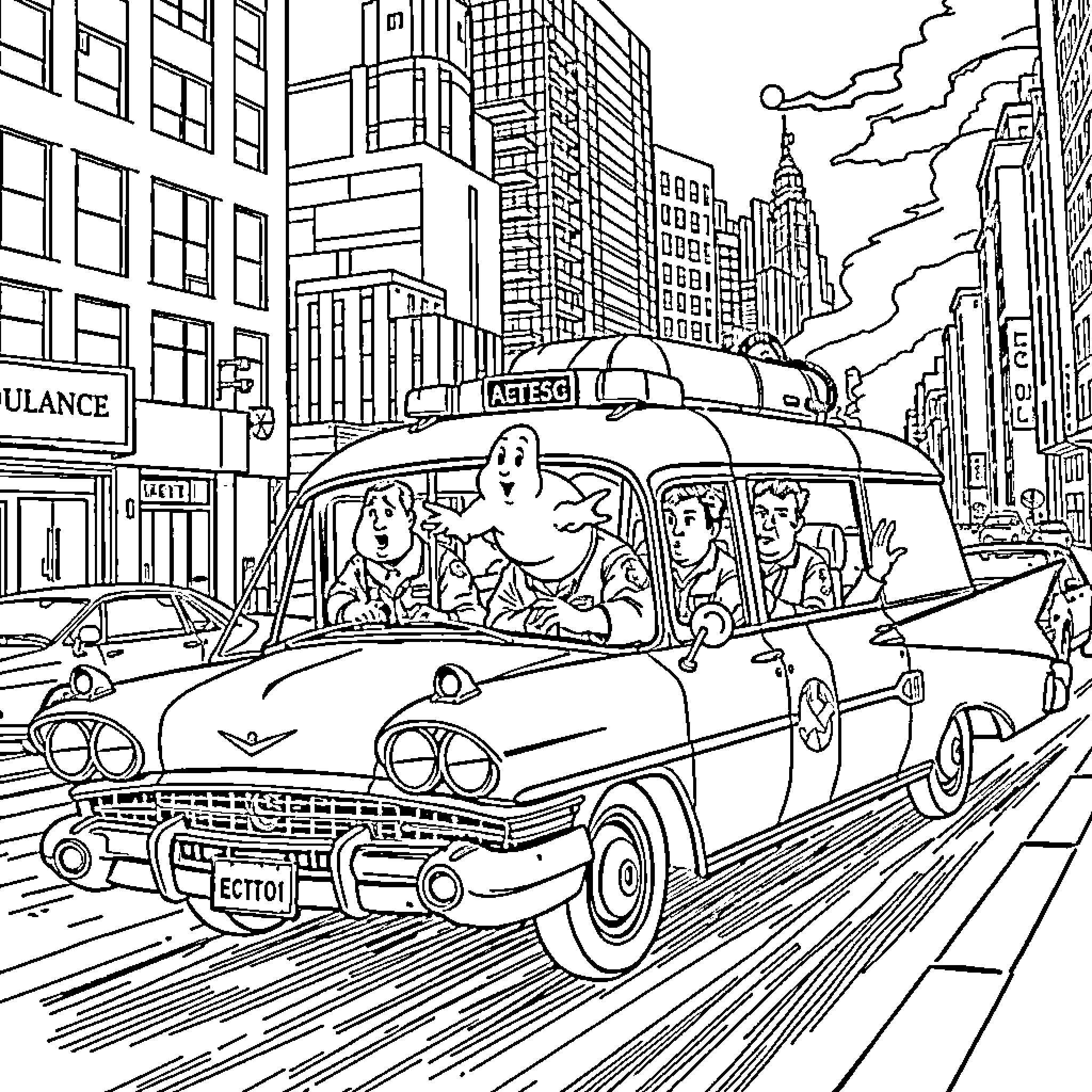 Ghostbusters ride through the city streets Coloring Page (free black-and-white line drawing printable PDF for all, from beginners to advanced learners, including children, teens, adults, and seniors)