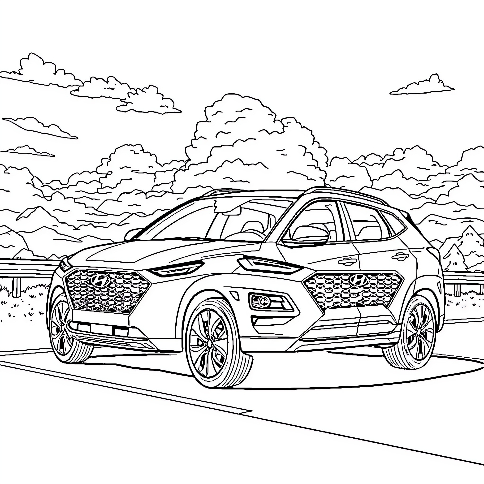 Hyundai Tucson SUV on scenic road Coloring Page (free black-and-white line drawing printable PDF for all, from beginners to advanced learners, including children, teens, adults, and seniors)