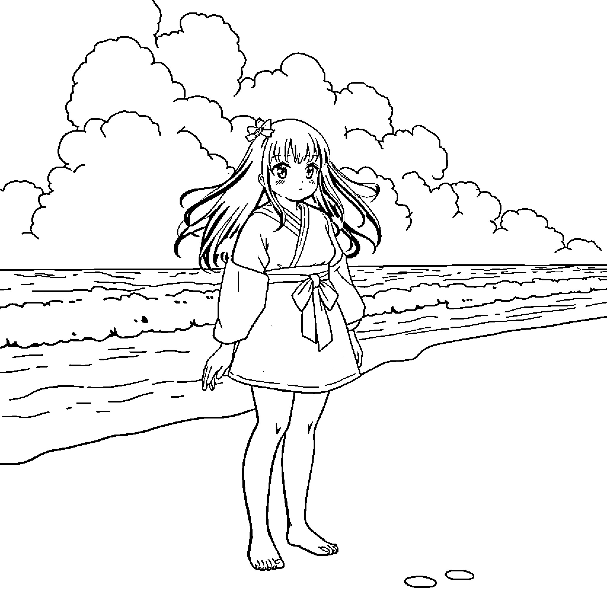 Nezuko enjoying the ocean view Coloring Page (free black-and-white line drawing printable PDF for all, from beginners to advanced learners, including children, teens, adults, and seniors)