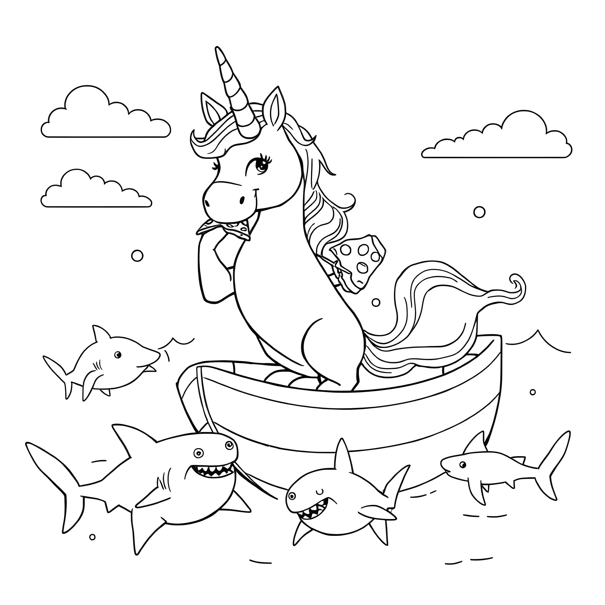 Unicorn sailing on boat with sharks Coloring Page (free black-and-white line drawing printable PDF for all, from beginners to advanced learners, including children, teens, adults, and seniors)