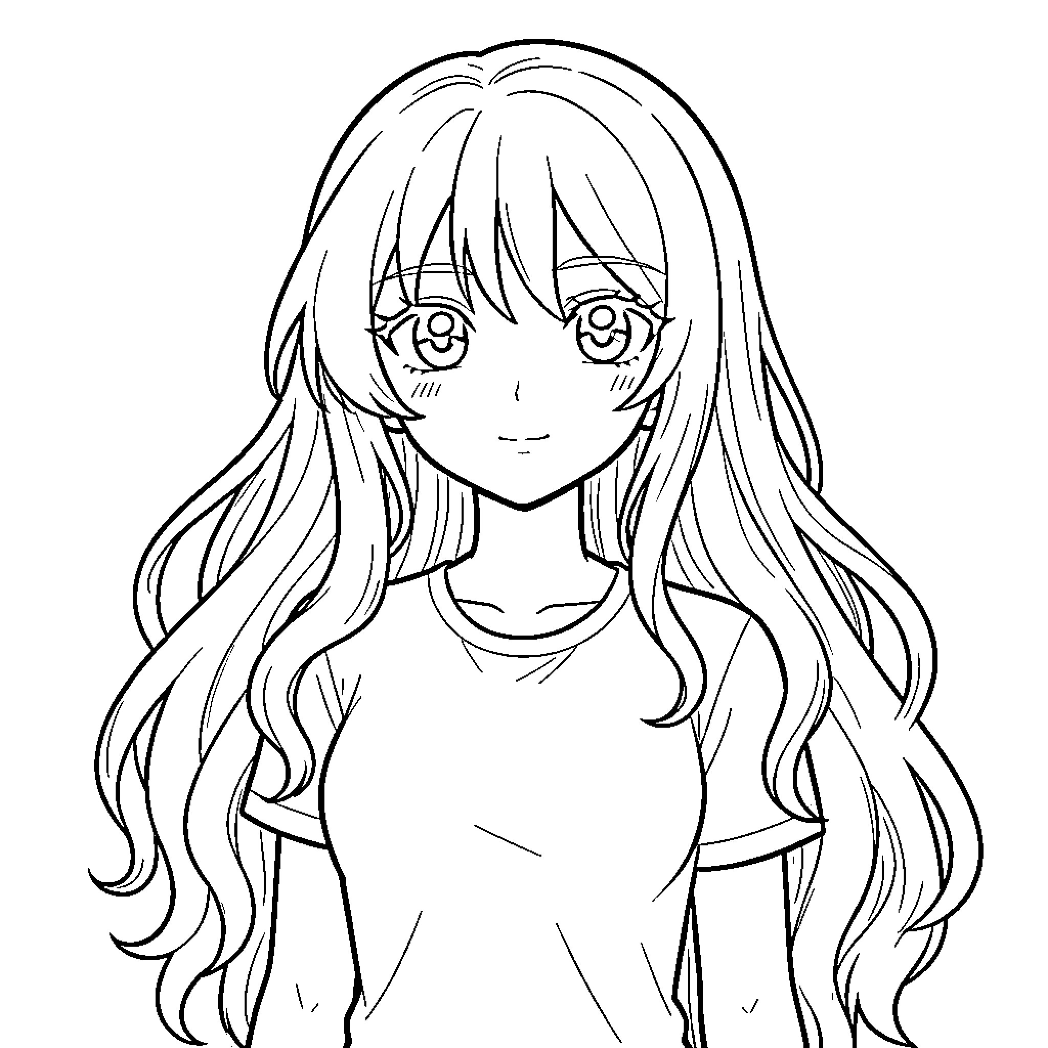 Anime Girl with long flowing hair Coloring Page (free black-and-white line drawing printable PDF for all, from beginners to advanced learners, including children, teens, adults, and seniors)