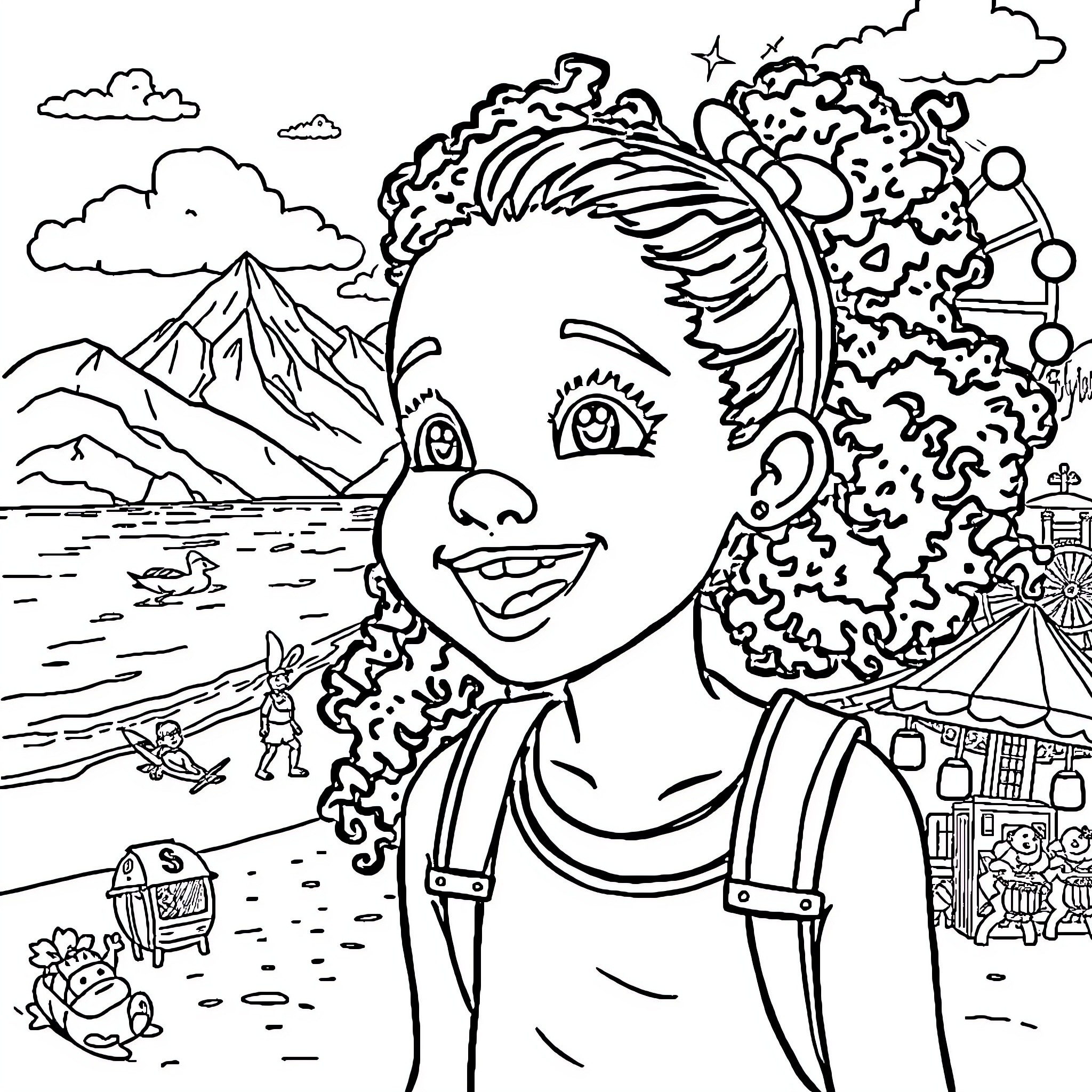Girl exploring a whimsical landscape Coloring Page (free black-and-white line drawing printable PDF for all, from beginners to advanced learners, including children, teens, adults, and seniors)