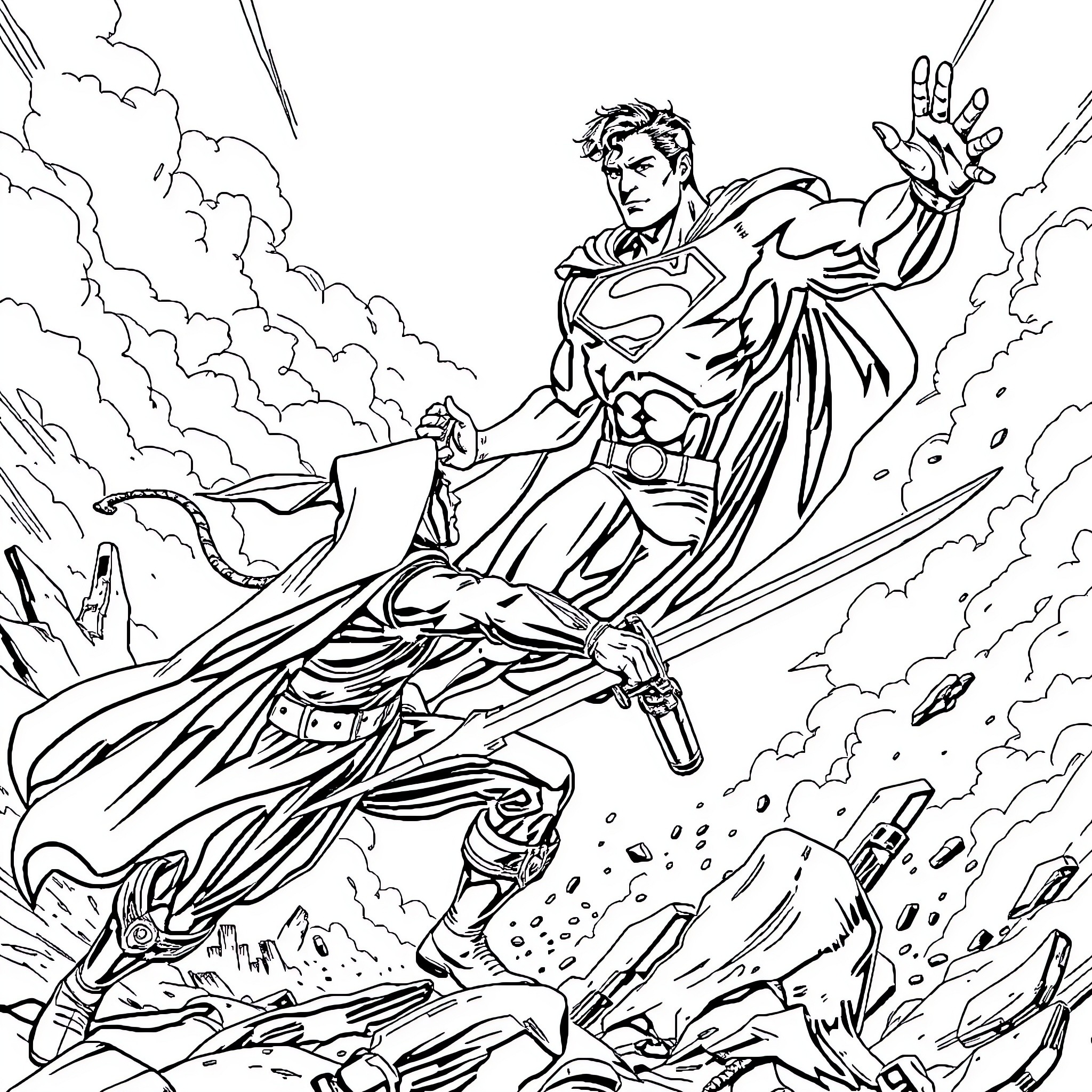 Superman in heroic action pose saving the day Coloring Page (free black-and-white line drawing printable PDF for all, from beginners to advanced learners, including children, teens, adults, and seniors)