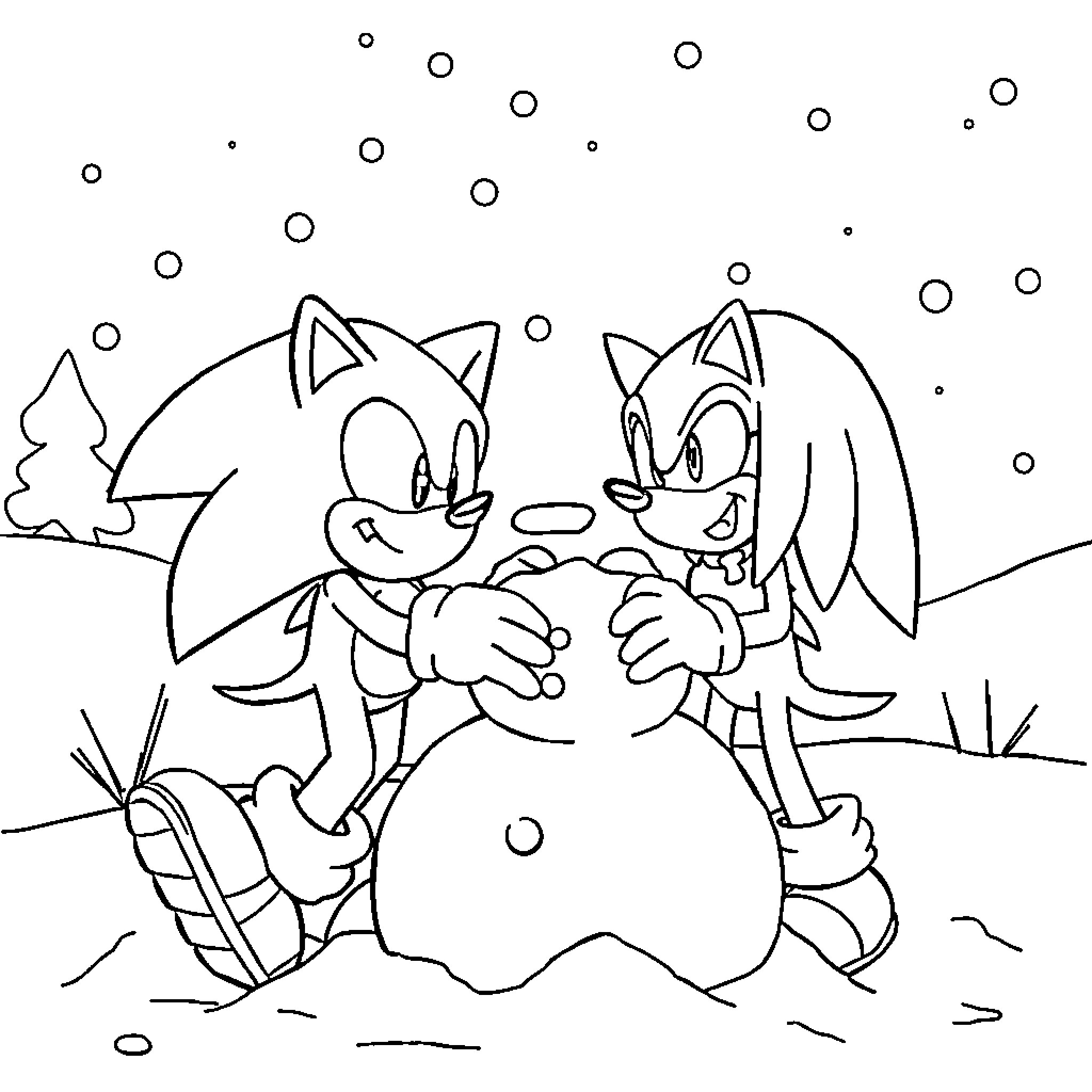 Sonic and friends playing in the snow Coloring Page (free black-and-white line drawing printable PDF for all, from beginners to advanced learners, including children, teens, adults, and seniors)