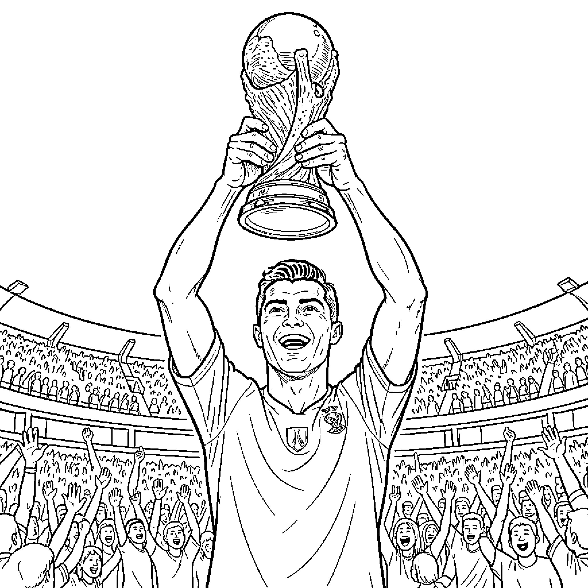 Ronaldo holding a trophy high in a stadium Coloring Page (free black-and-white line drawing printable PDF for all, from beginners to advanced learners, including children, teens, adults, and seniors)