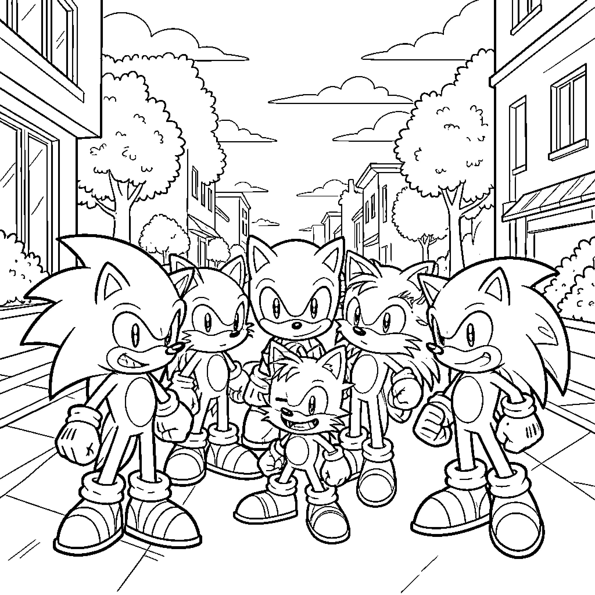 Sonic and his friends standing together on a street Coloring Page (free black-and-white line drawing printable PDF for all, from beginners to advanced learners, including children, teens, adults, and seniors)