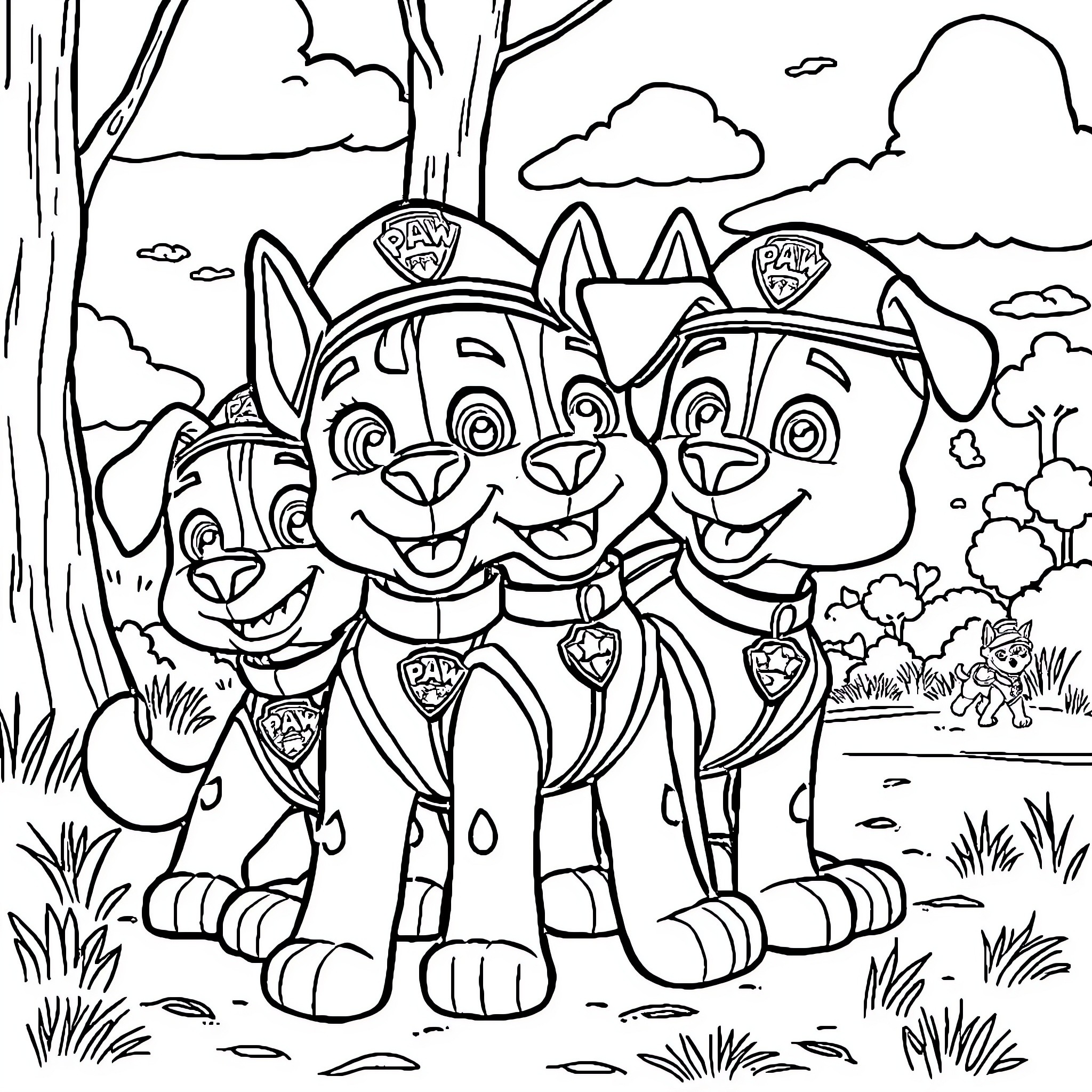 Paw Patrol puppies on an adventure in the forest Coloring Page (free black-and-white line drawing printable PDF for all, from beginners to advanced learners, including children, teens, adults, and seniors)