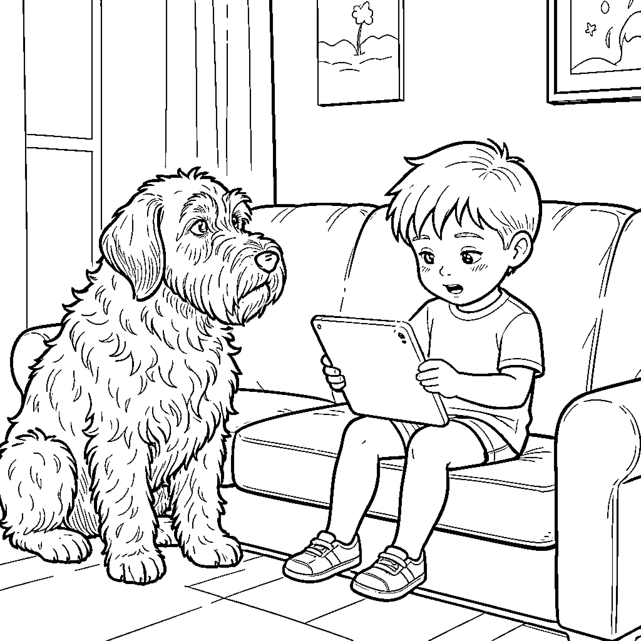 Schnauzer and boy playing with tablet at home Coloring Page (free black-and-white line drawing printable PDF for all, from beginners to advanced learners, including children, teens, adults, and seniors)