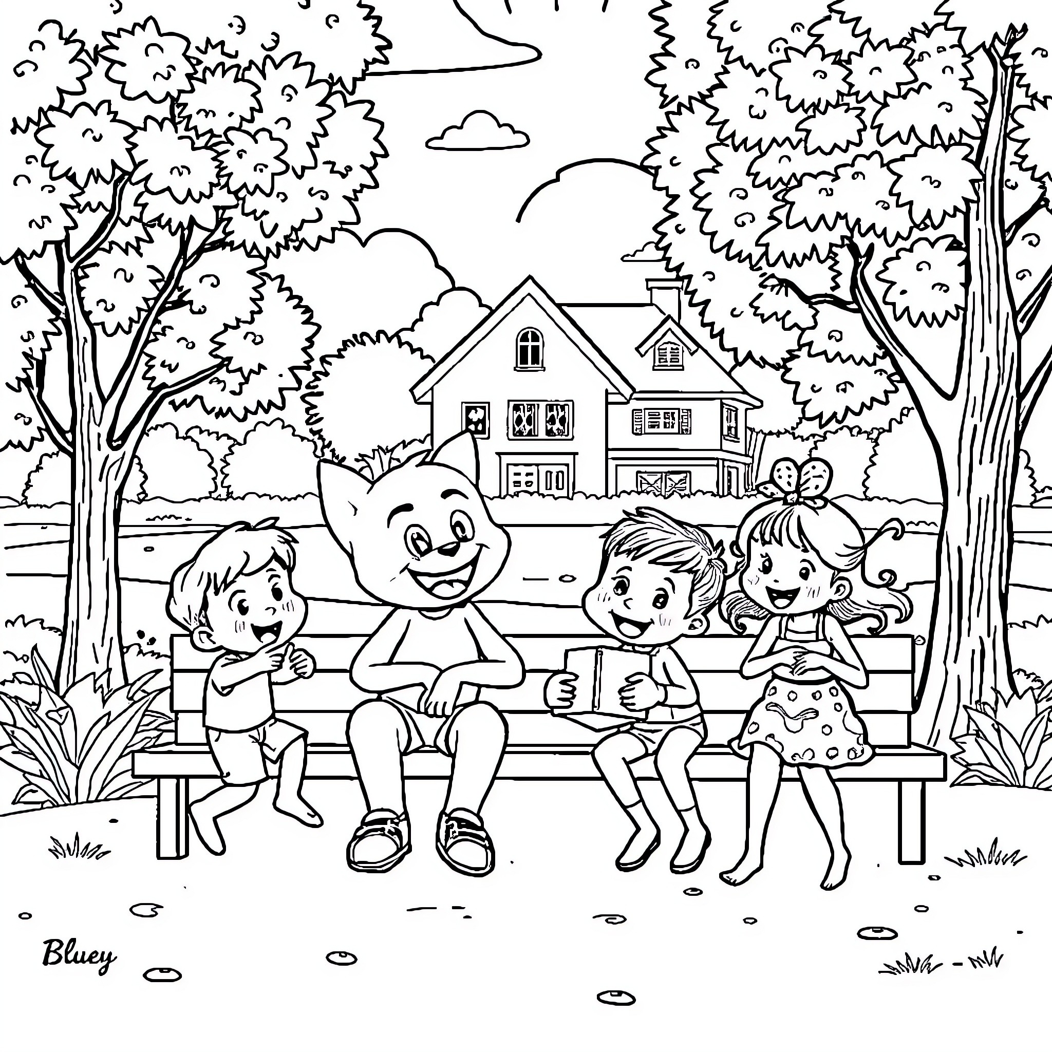 Bluey and friends enjoying a day in the park Coloring Page (free black-and-white line drawing printable PDF for all, from beginners to advanced learners, including children, teens, adults, and seniors)