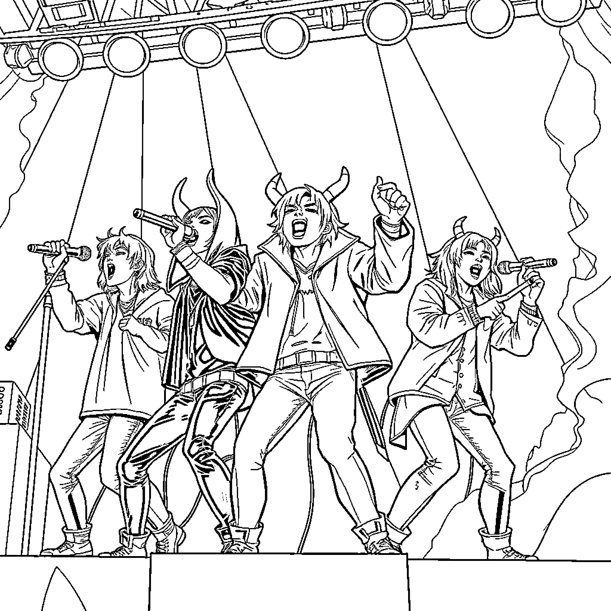 Kpop Demon Hunter: Energetic Performers on Stage Coloring Page (free black-and-white line drawing printable PDF for all, from beginners to advanced learners, including children, teens, adults, and seniors)