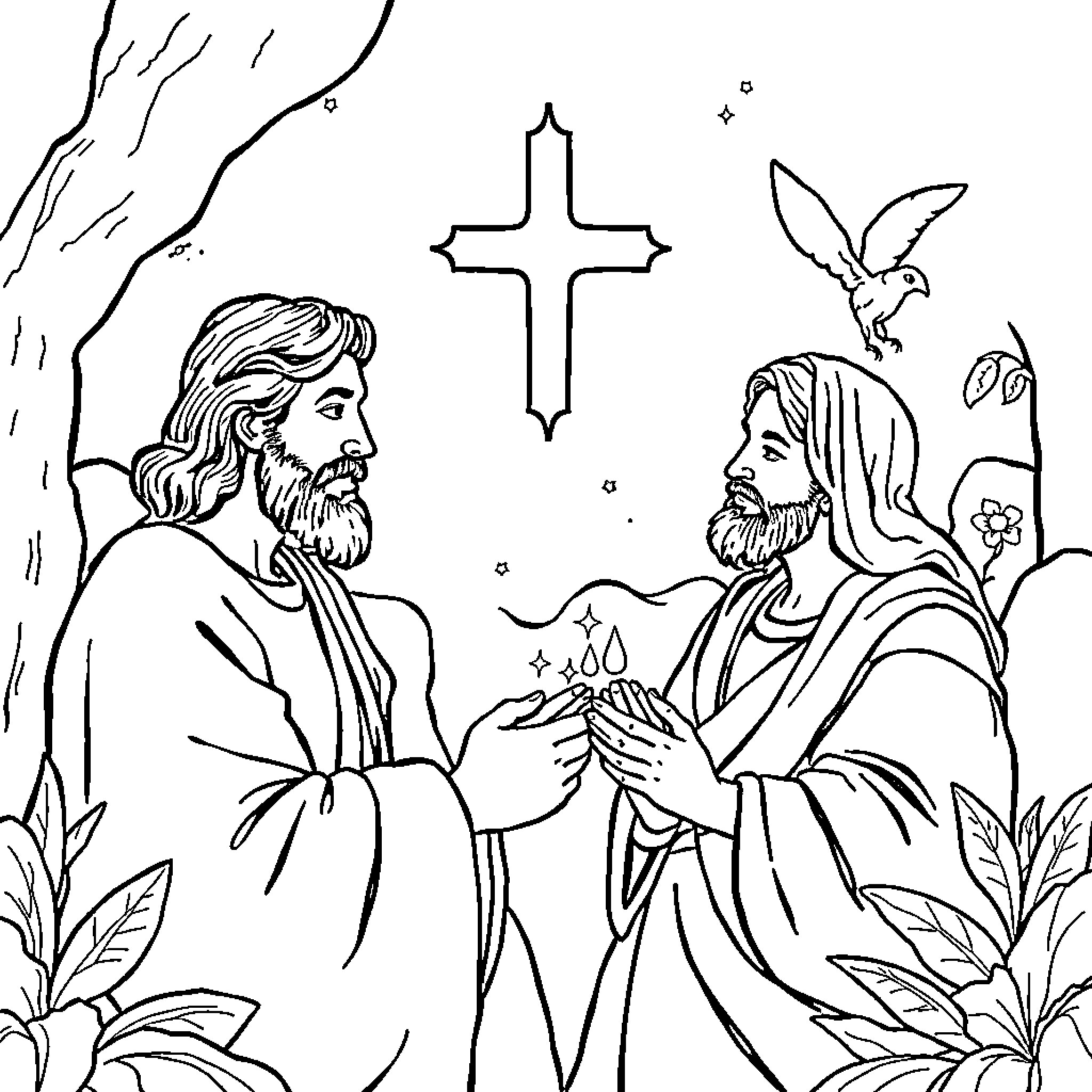 Christian Figures Conversing in Serene Outdoor Setting Coloring Page (free black-and-white line drawing printable PDF for all, from beginners to advanced learners, including children, teens, adults, and seniors)
