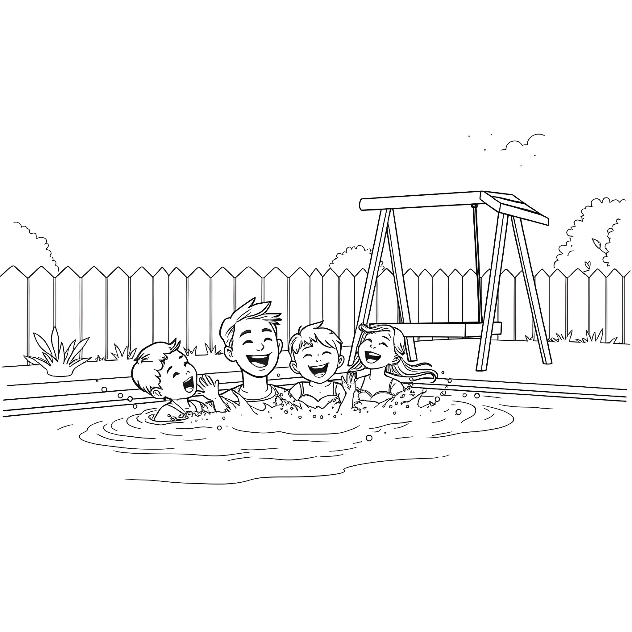 Family playing together in the backyard pool Coloring Page (free black-and-white line drawing printable PDF for all, from beginners to advanced learners, including children, teens, adults, and seniors)