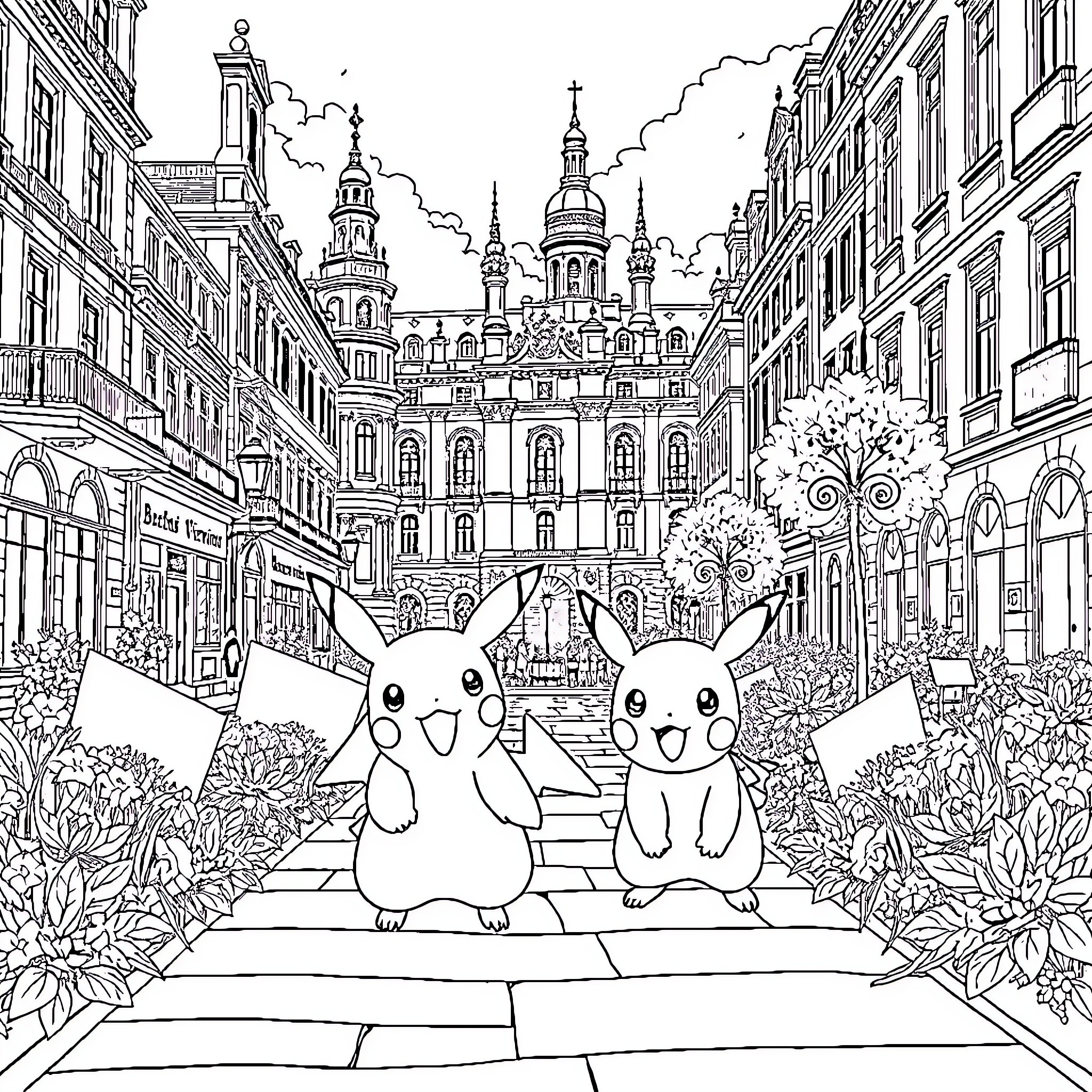 Pokémon characters exploring a vibrant city landscape Coloring Page (free black-and-white line drawing printable PDF for all, from beginners to advanced learners, including children, teens, adults, and seniors)