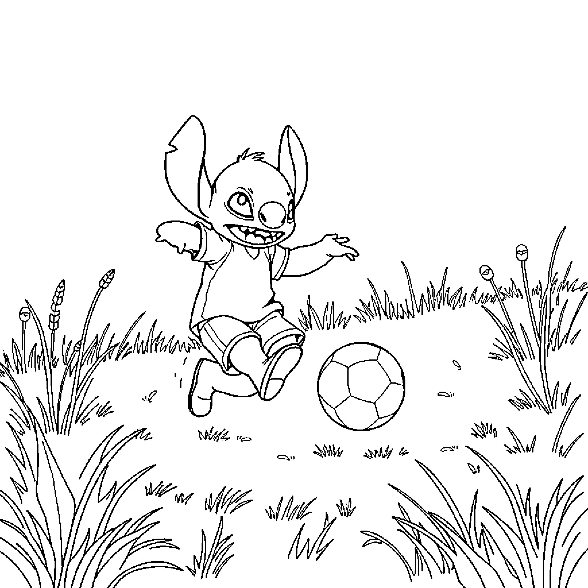 Stitch playing with soccer ball in the park Coloring Page (free black-and-white line drawing printable PDF for all, from beginners to advanced learners, including children, teens, adults, and seniors)
