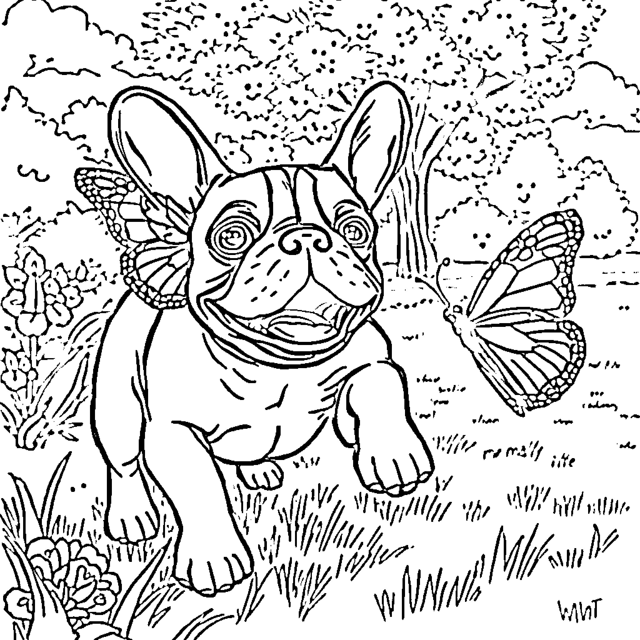 French Bulldog with Butterfly Wings in Nature Scene Coloring Page (free black-and-white line drawing printable PDF for all, from beginners to advanced learners, including children, teens, adults, and seniors)