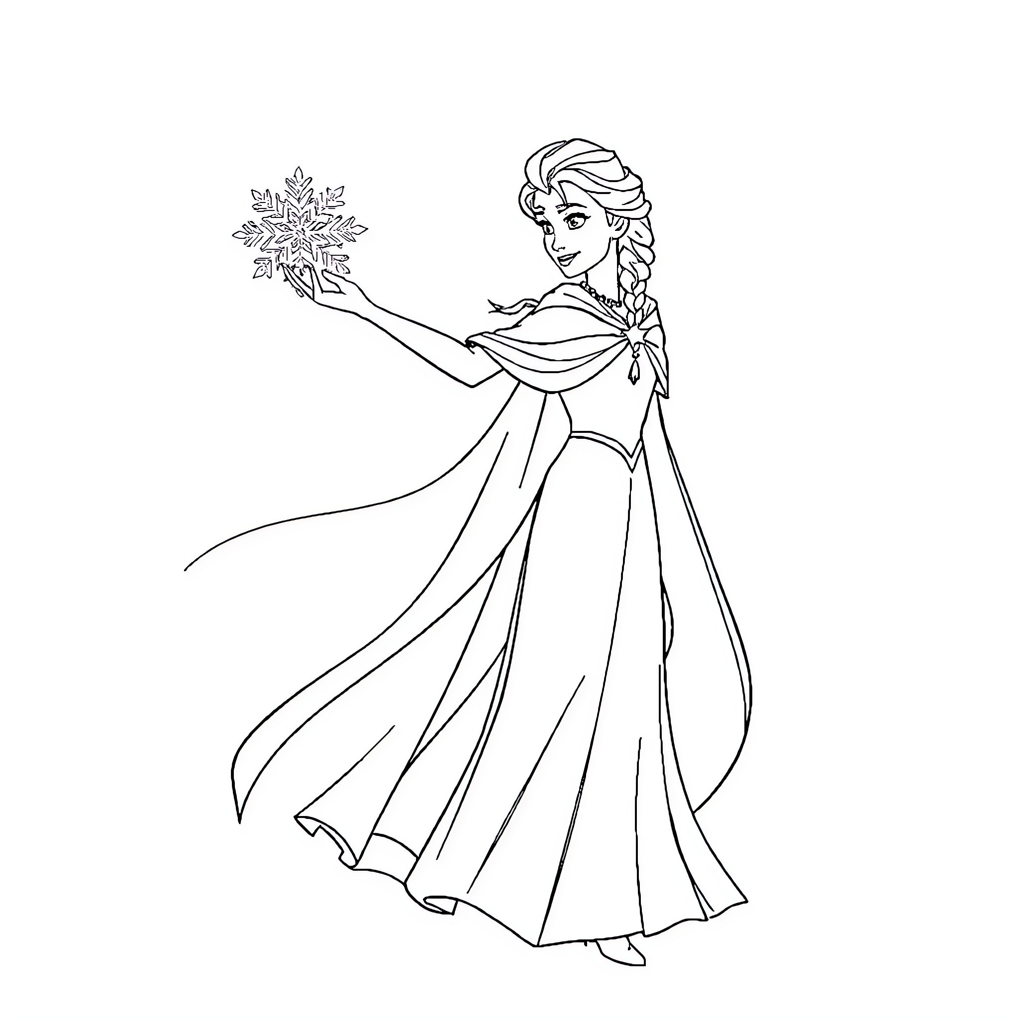 Elsa conjuring magical snowflakes in her elegant dress Coloring Page (free black-and-white line drawing printable PDF for all, from beginners to advanced learners, including children, teens, adults, and seniors)