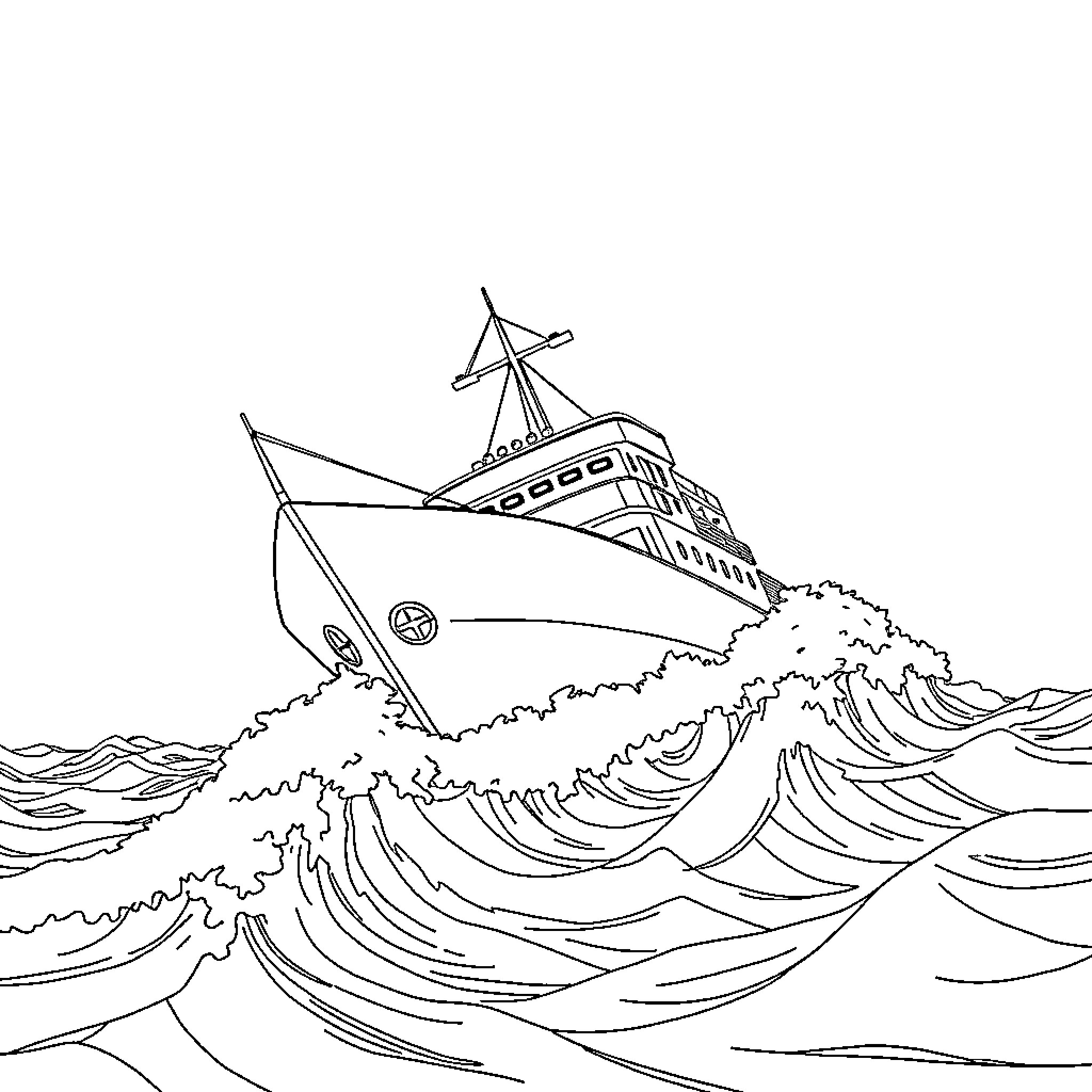 Ship Sailing Through Rough Waves Coloring Page (free black-and-white line drawing printable PDF for all, from beginners to advanced learners, including children, teens, adults, and seniors)