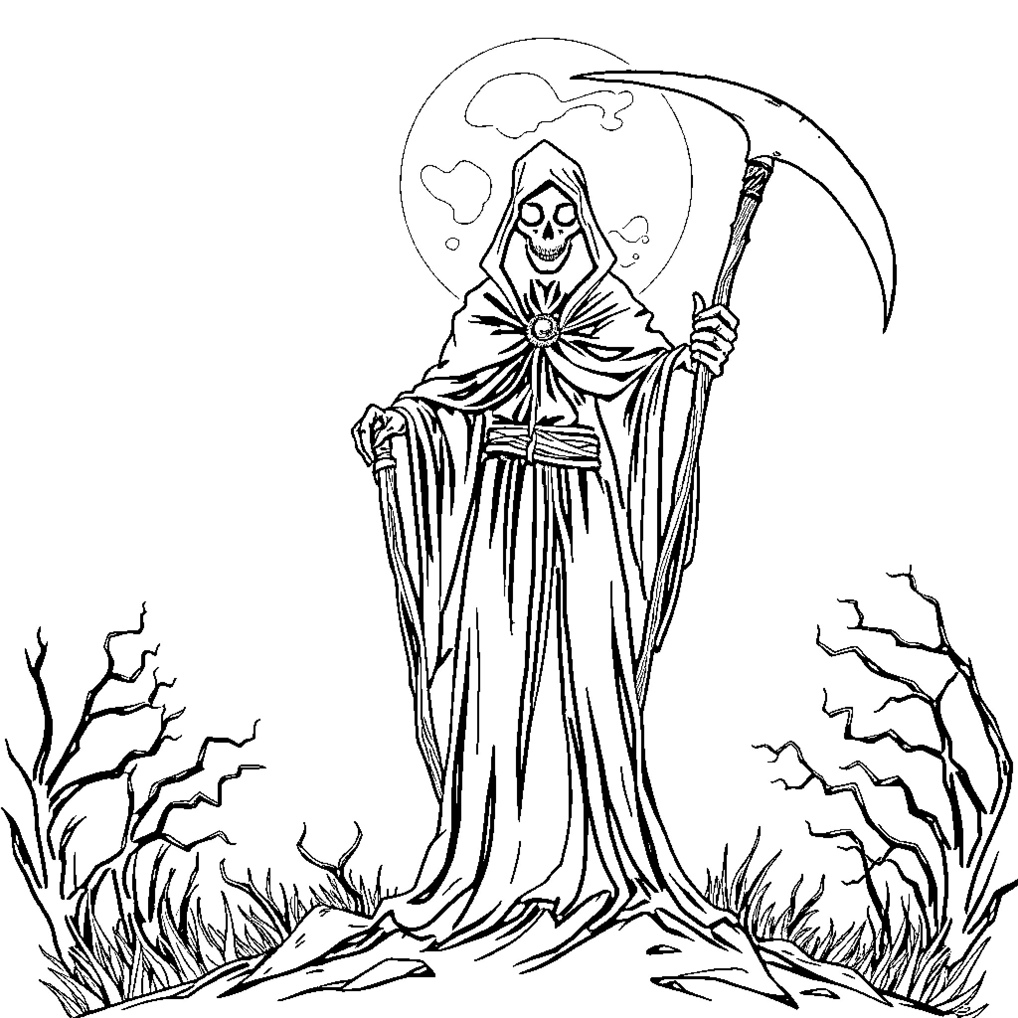 Grim Reaper in Eerie Landscape with Scythe Coloring Page (free black-and-white line drawing printable PDF for all, from beginners to advanced learners, including children, teens, adults, and seniors)