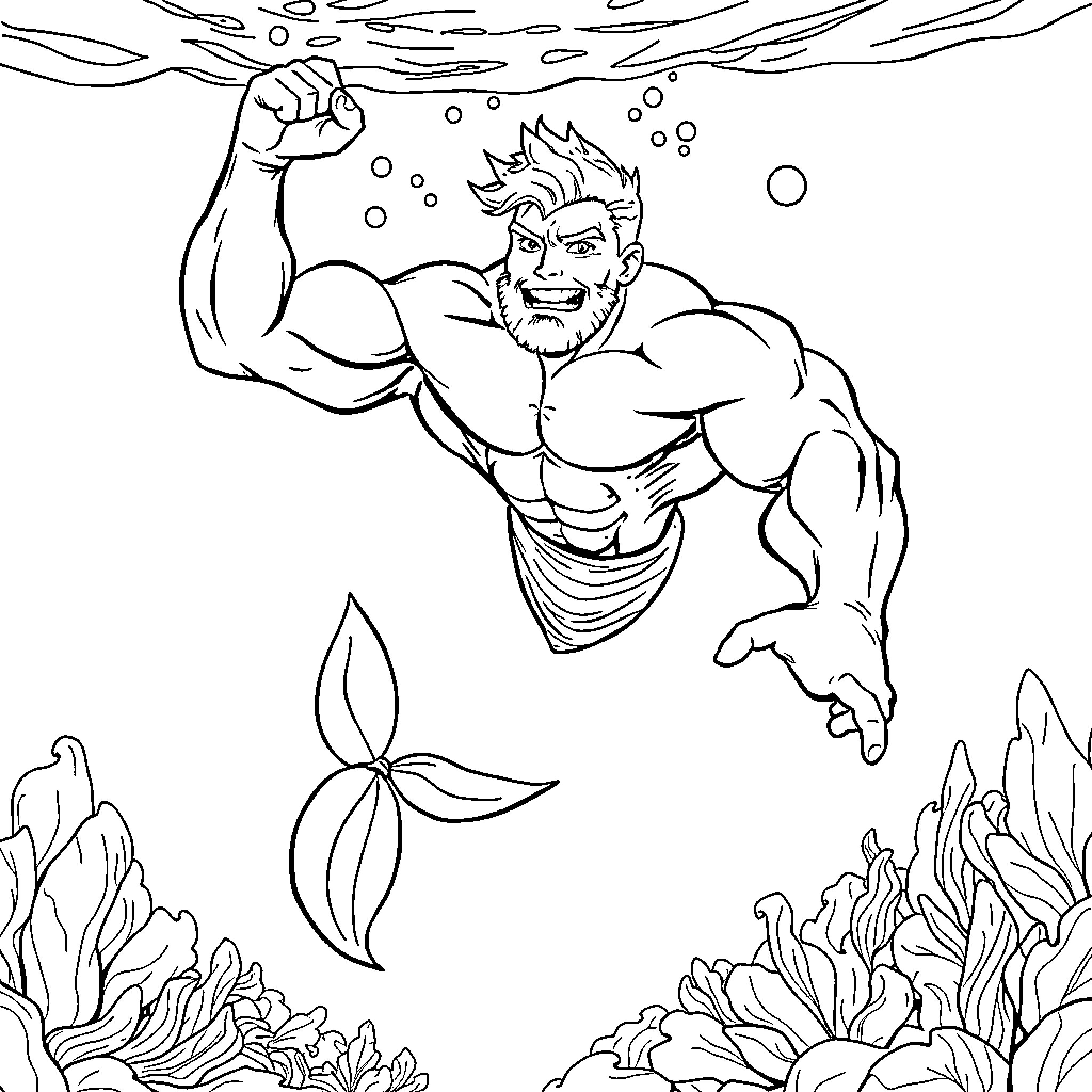 Merman displaying powerful underwater muscles Coloring Page (free black-and-white line drawing printable PDF for all, from beginners to advanced learners, including children, teens, adults, and seniors)