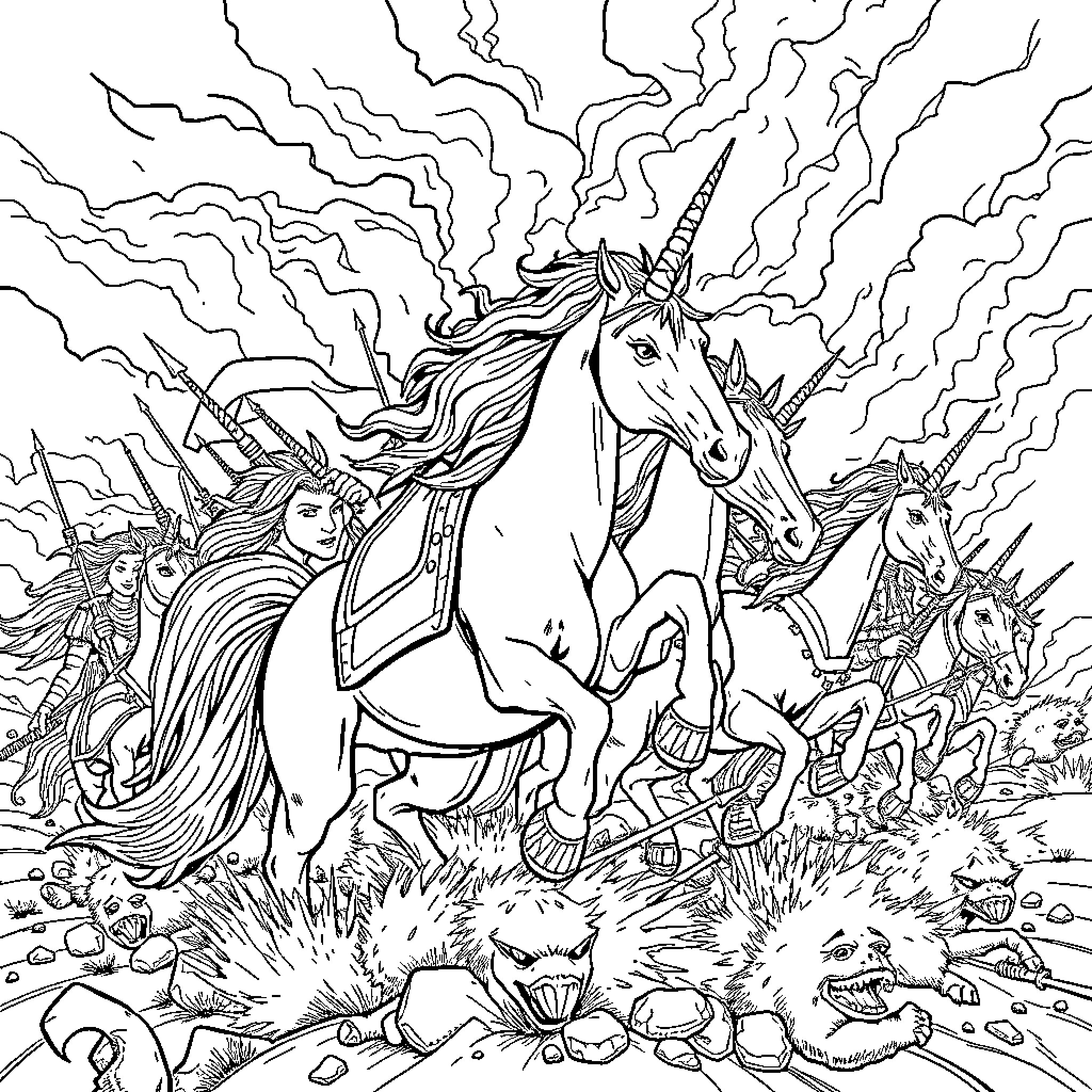 Unicorn leading a fantastical charge into battle Coloring Page (free black-and-white line drawing printable PDF for all, from beginners to advanced learners, including children, teens, adults, and seniors)