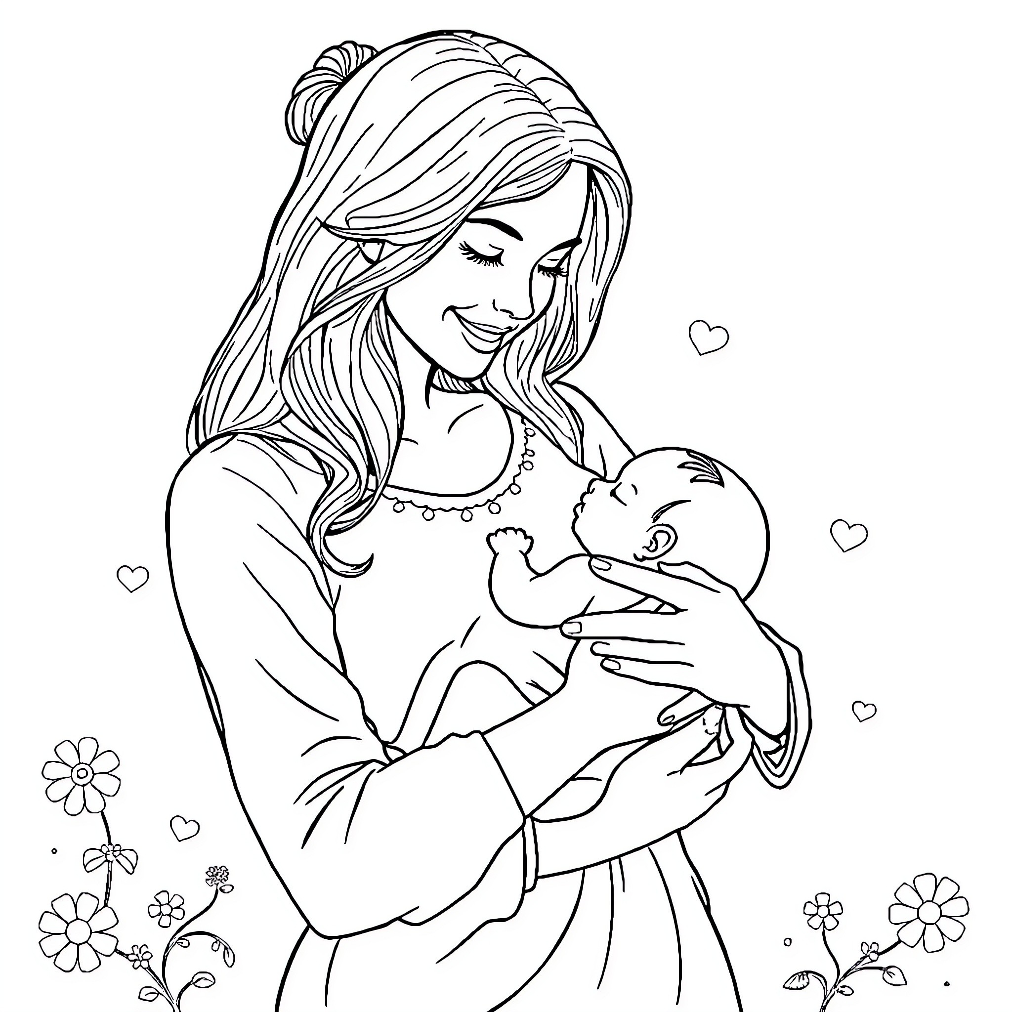 Woman lovingly holding and gazing at a baby Coloring Page (free black-and-white line drawing printable PDF for all, from beginners to advanced learners, including children, teens, adults, and seniors)