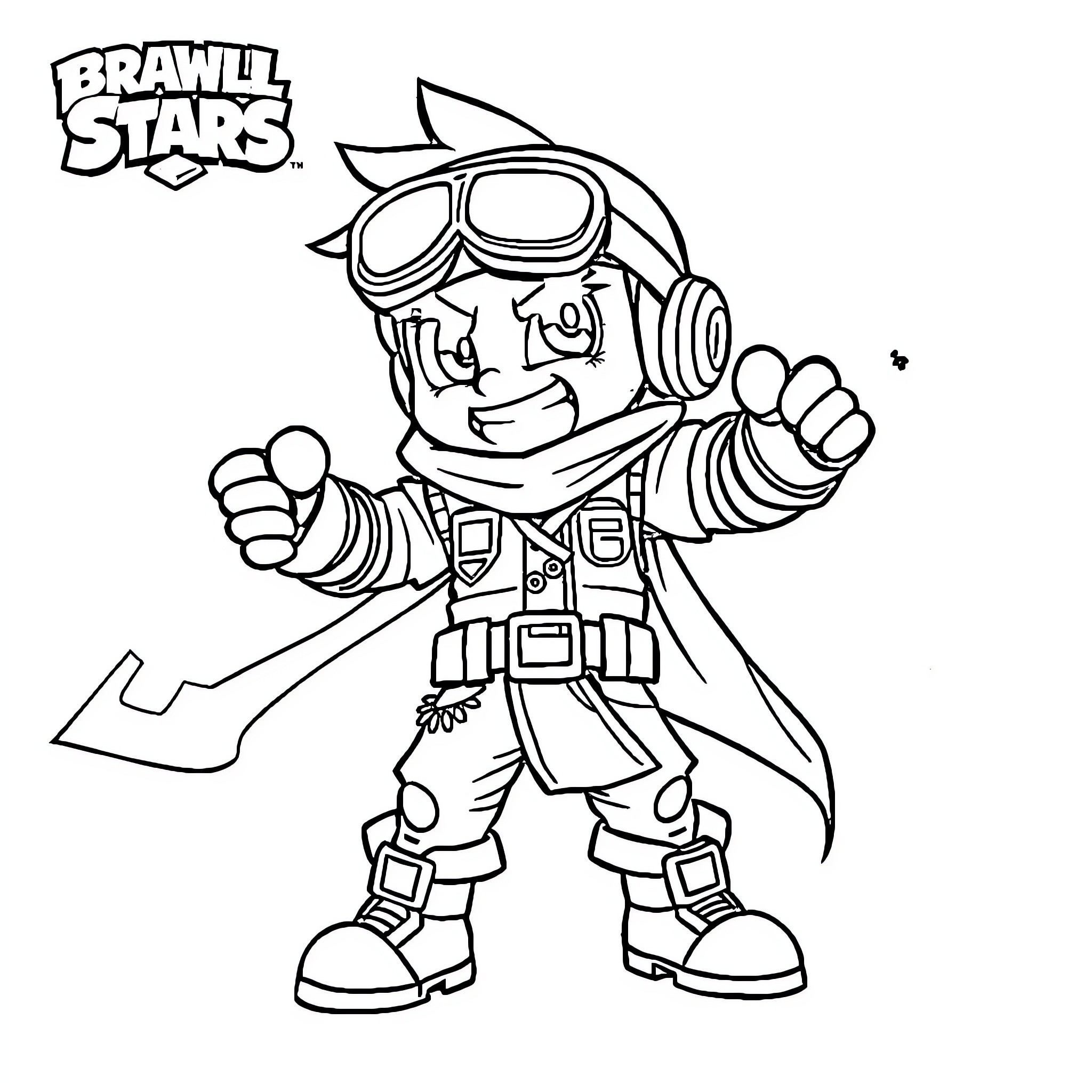 Brawl Star Character in Heroic Pose Coloring Page (free black-and-white line drawing printable PDF for all, from beginners to advanced learners, including children, teens, adults, and seniors)